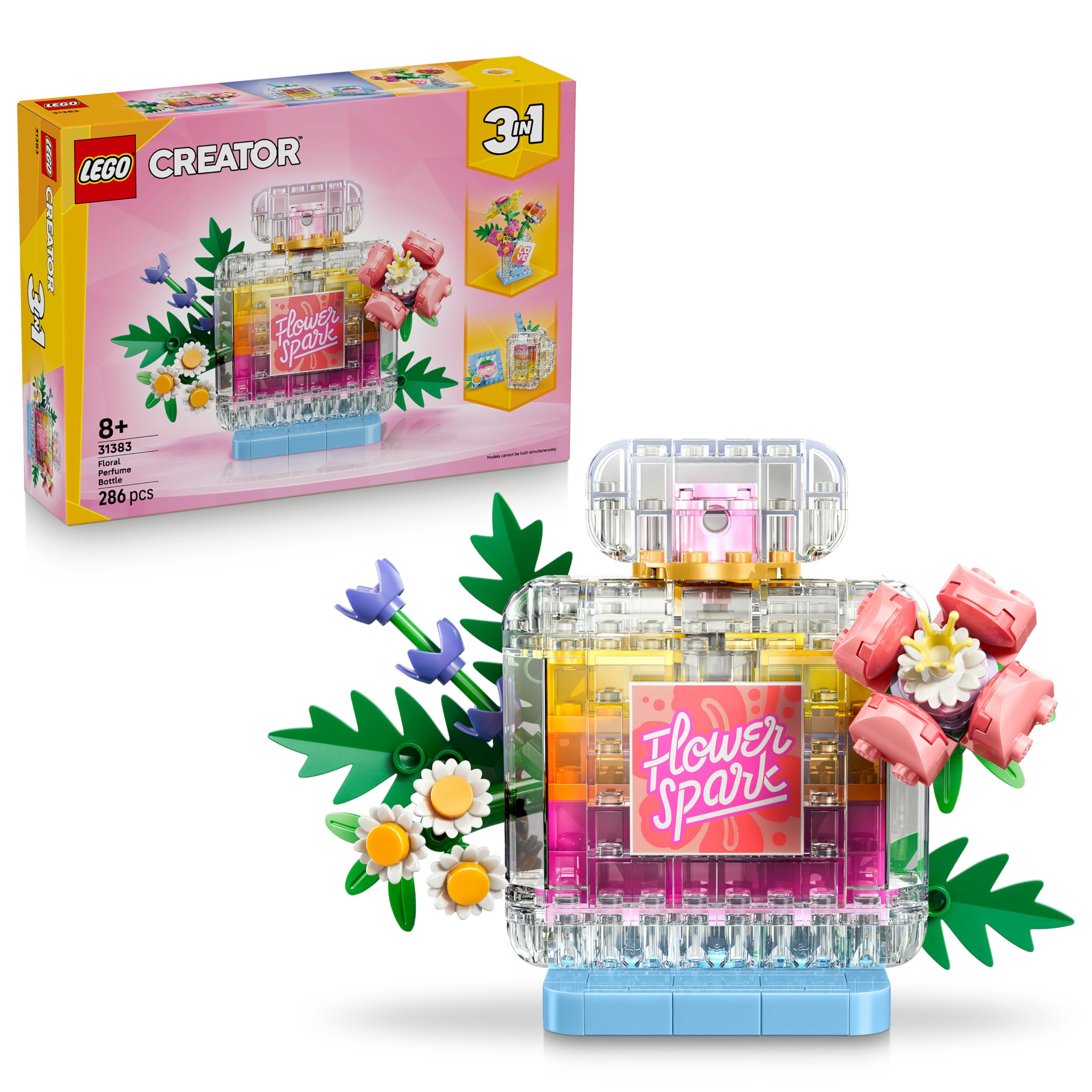 LEGO Creator 3-in-1 perfume bottle with flower decoration set - building toy with 3 building options: perfume bottle, flower vase or smoothie - gift idea for children aged 8 and up - 31383