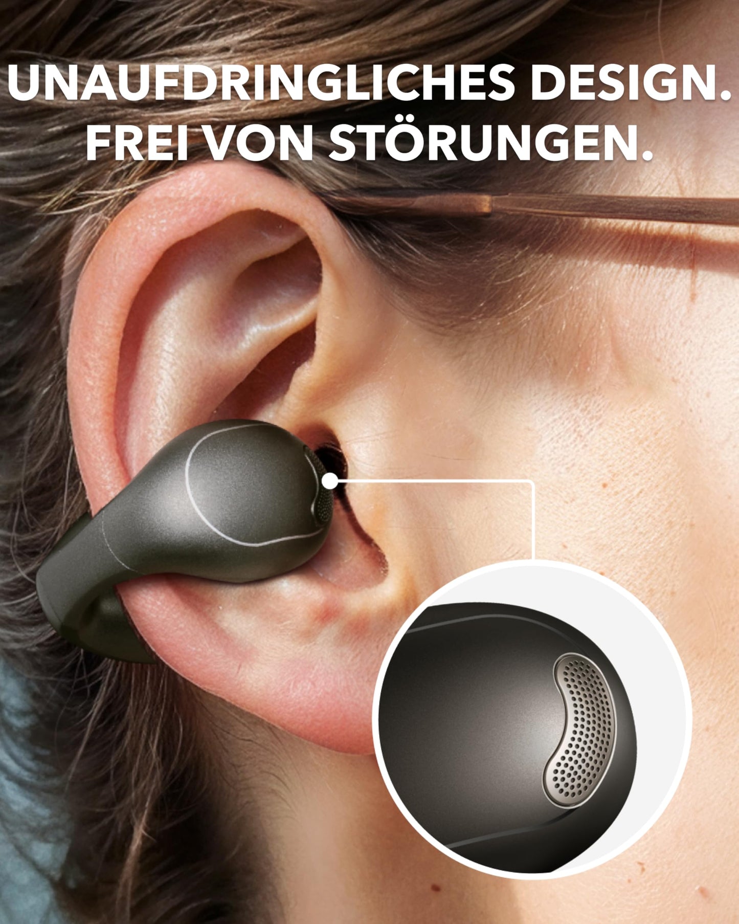 soundcore C40i from Anker, open-ear earbuds, clip-on headphones, flexible joint design, button control, feather-light comfort, firm hold with attachable ear clips, large drivers for clear sound - A3331