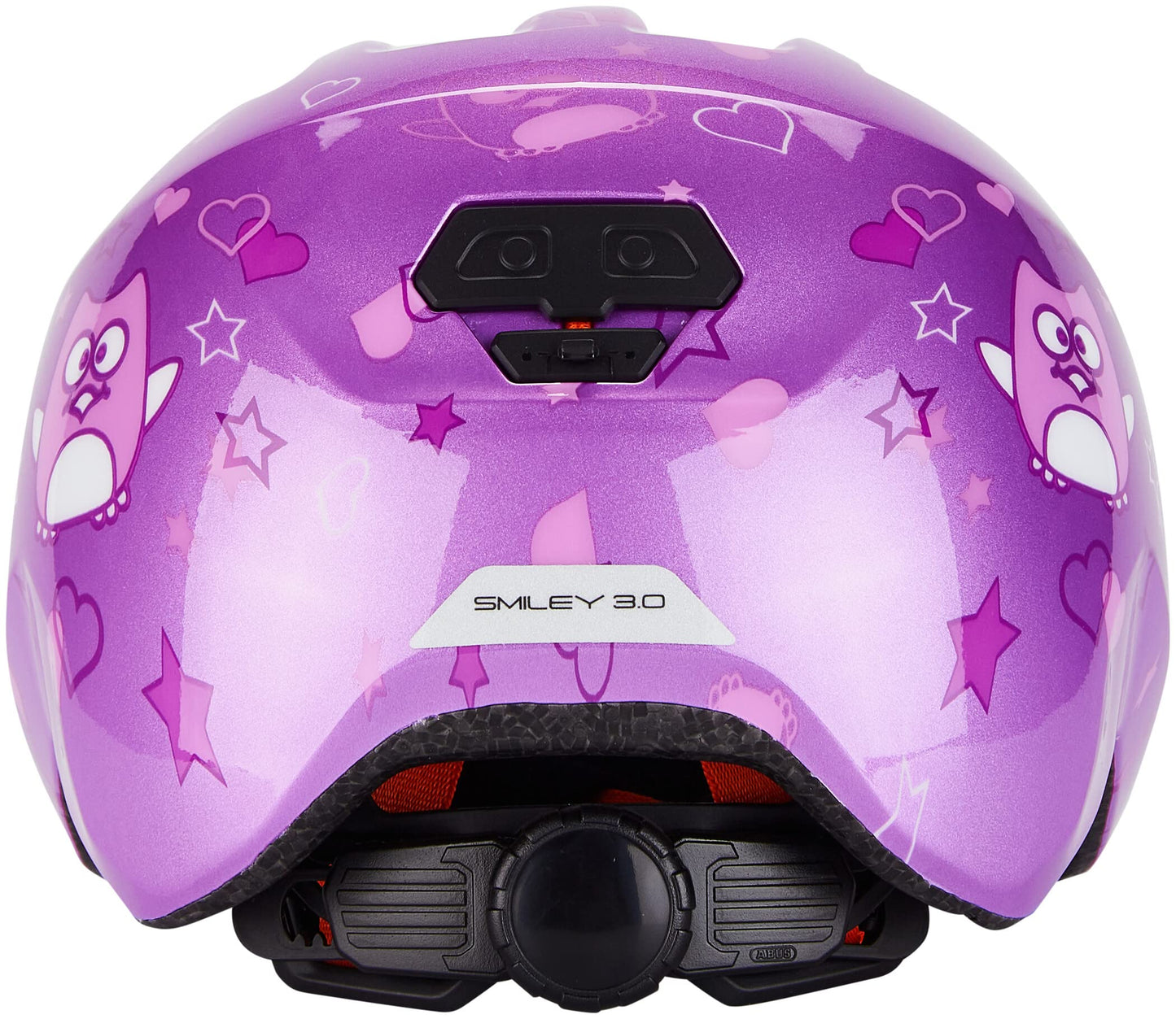 ABUS children's helmet Smiley 3.0 - bicycle helmet with a deep fit, child-friendly designs & space for a braid - for girls and boys - purple with owl pattern, size M - 67260