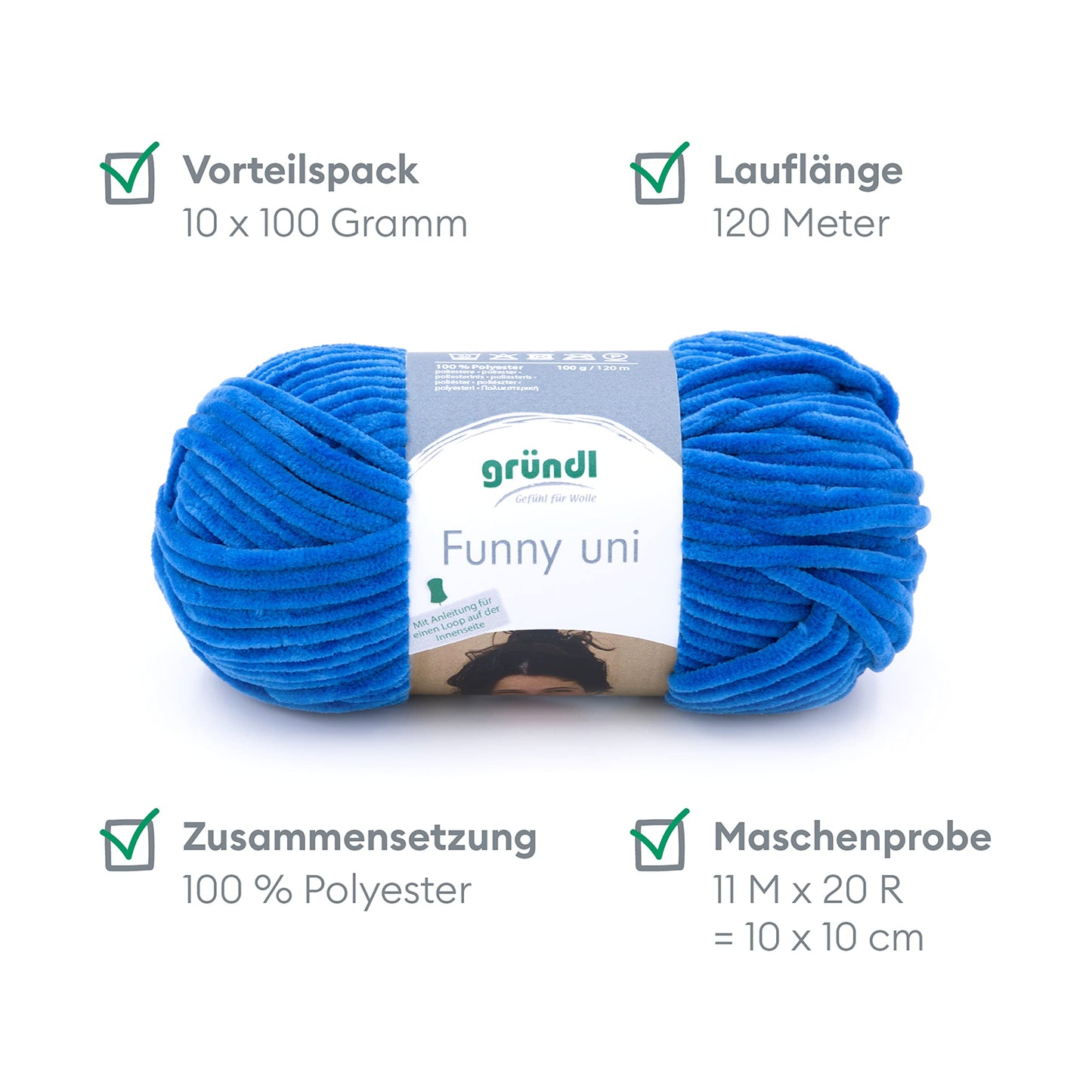 Gründl Wolle Funny uni - soft chenille wool for crocheting - cuddly and skin-friendly - 100% polyester - 10 balls 100 g / 120 m - needle size 5-6, royal blue - 3442-14