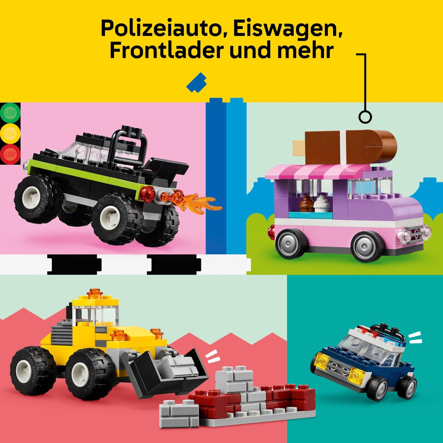 LEGO Classic Creative Vehicles, building block set for colorful model cars including trucks, police cars and construction vehicles, buildable toy cars for children, gift for boys and girls aged 5 and over 11036