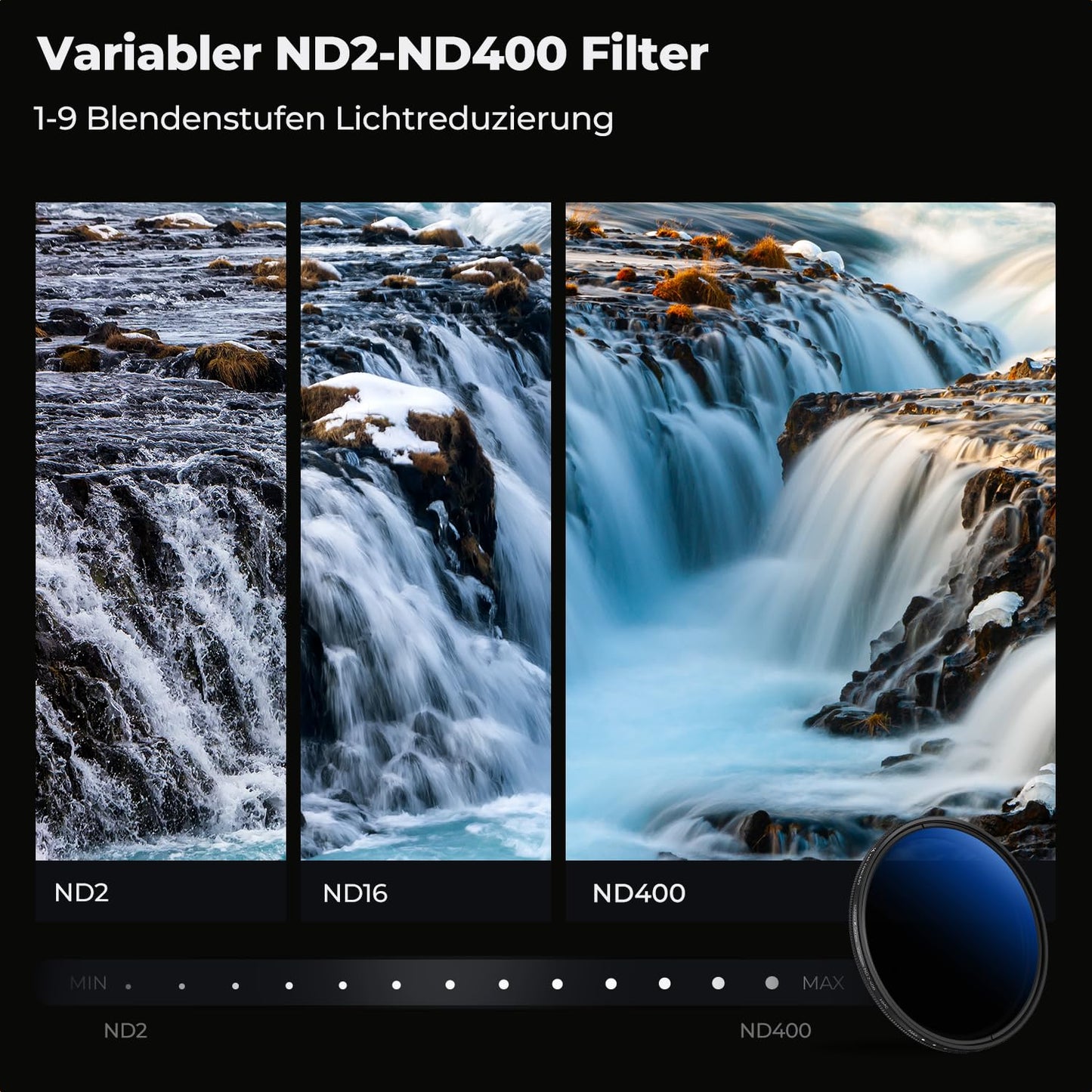 K&F CONCEPT 77 mm ND filter variable gray filter ND2-ND400 (1-9 f-stops) with three cleaning cloths for landscape photography (Nano-Klear series) - KF01.1392V1