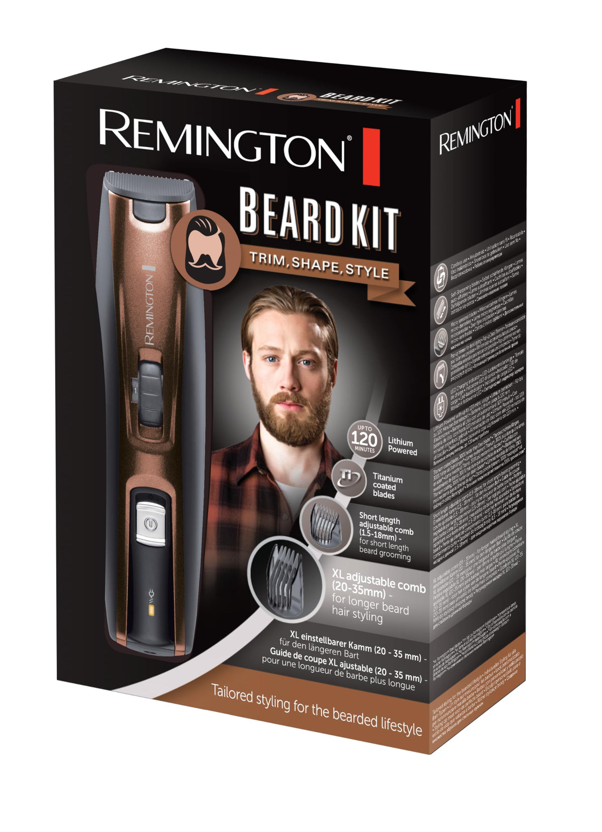 Remington Beard Trimmer for Men [including XL-long full beard attachment/0.4mm-35mm/titanium self-sharpening blades] Beard Trimmer Set (3 attachment combs: stubble/short/XL, mains/battery operation, long hair trimmer) MB4046