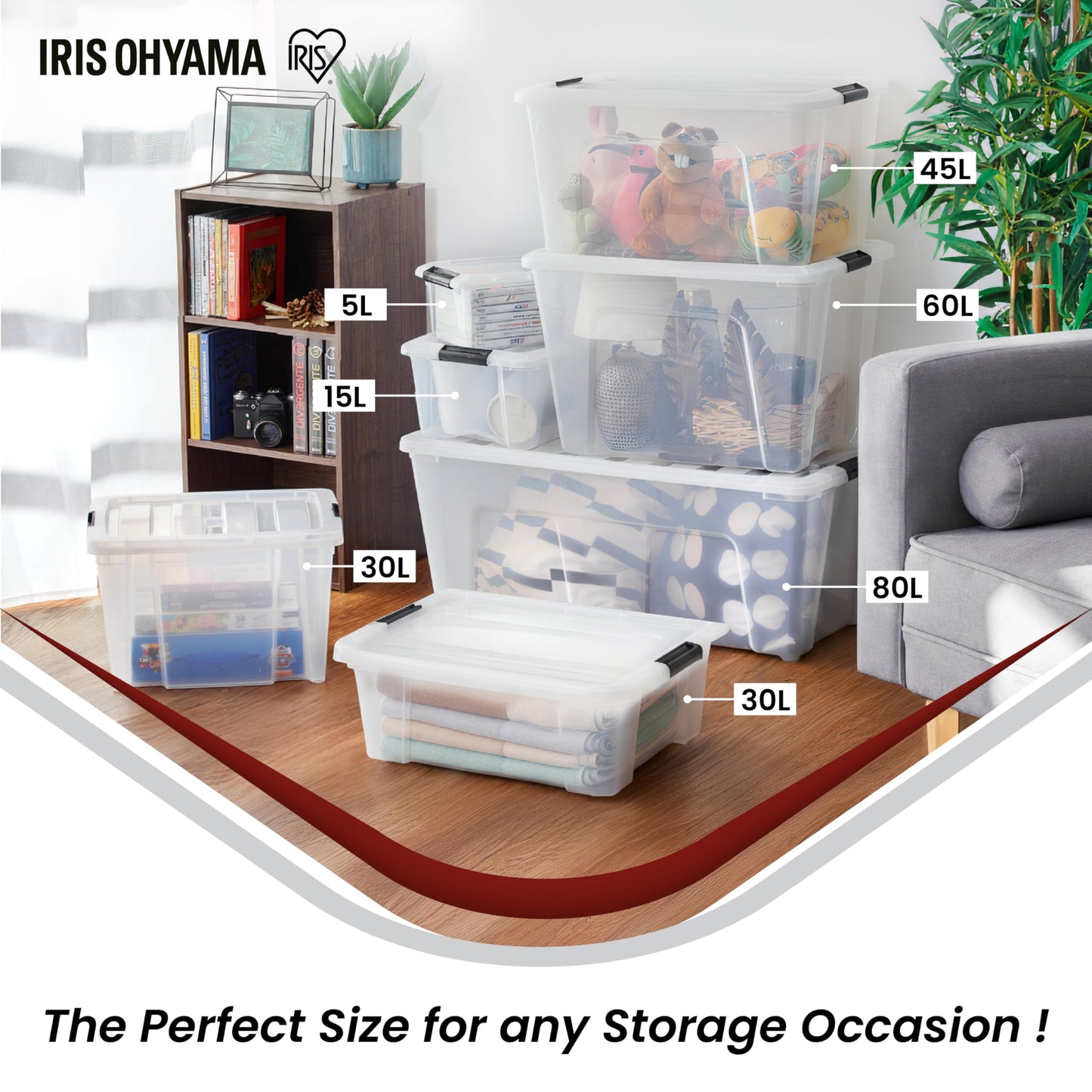 Iris Ohyama, Set of 6, Storage Boxes, 30 L with Clips, Stackable, Living Room, Bedroom, Garage - New Top Box NTB-30 - Transparent - 104514