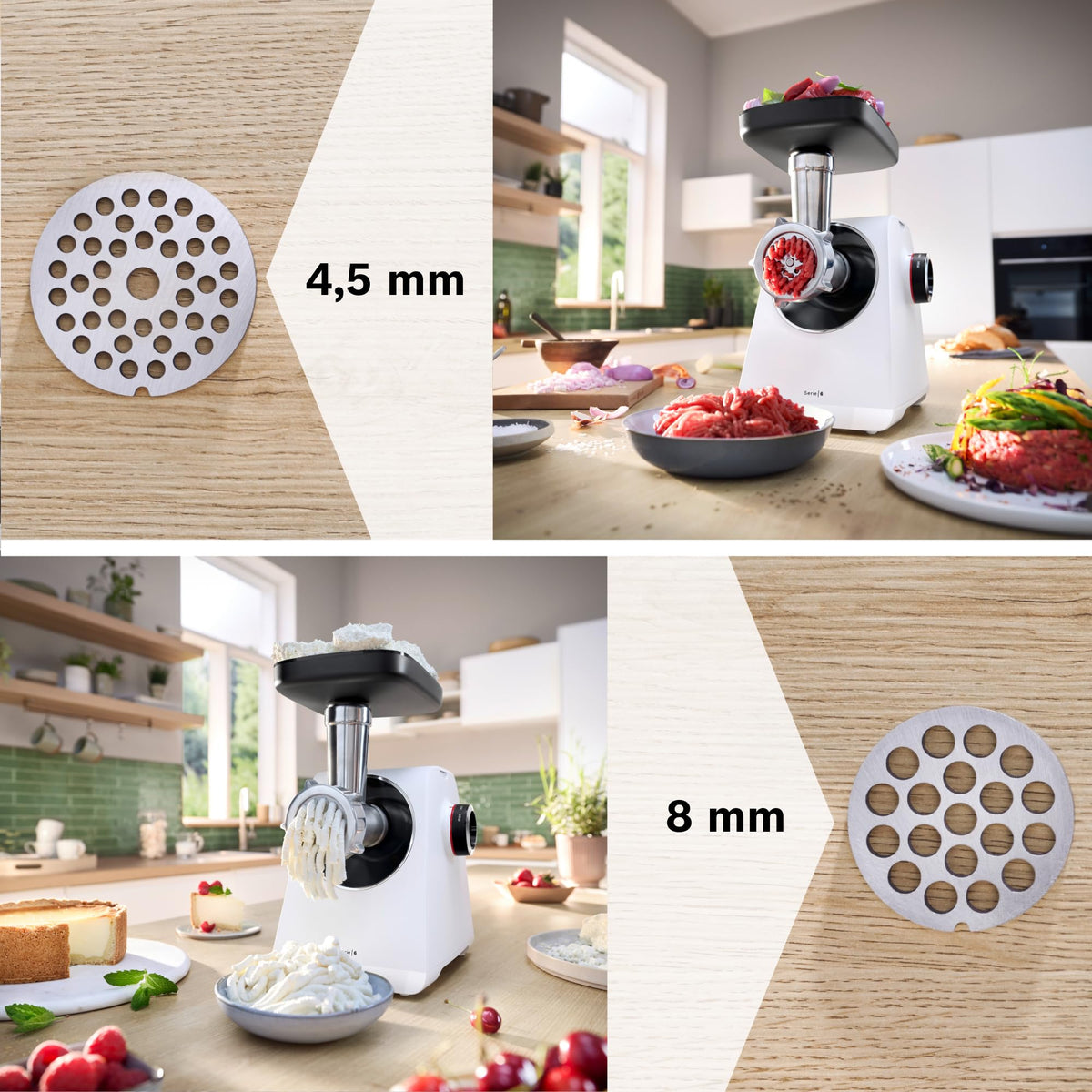 Bosch MultiPower Series 6 Meat Grinder MFWS607W, 2 grinding discs (4.5 and 8 mm), stainless steel, dishwasher safe, kebbe and sausage attachment, motor block power 2,100 W, white