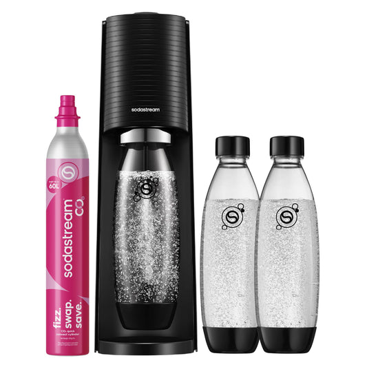 Sodastream TERRA water soda maker, Soda Stream machine with 1 Quick Connect 60L CO2 cylinder, 2x 1L and 3x 1L dishwasher-safe plastic soda bottles, height 44 cm, black - 1100448490