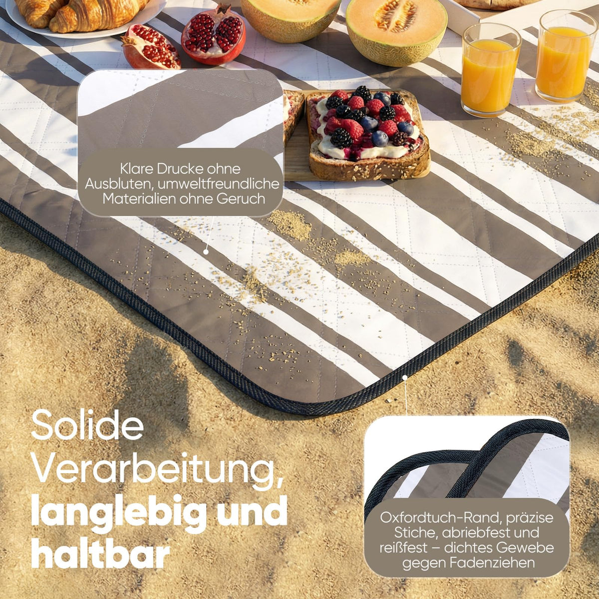 Sekey picnic blanket, waterproof, 200 x 200 cm, beach blanket, sand-free Padded, three-layer structure, PEVA waterproof base, tie strap carry strap, suitable for picnic, camping, beach - PM18