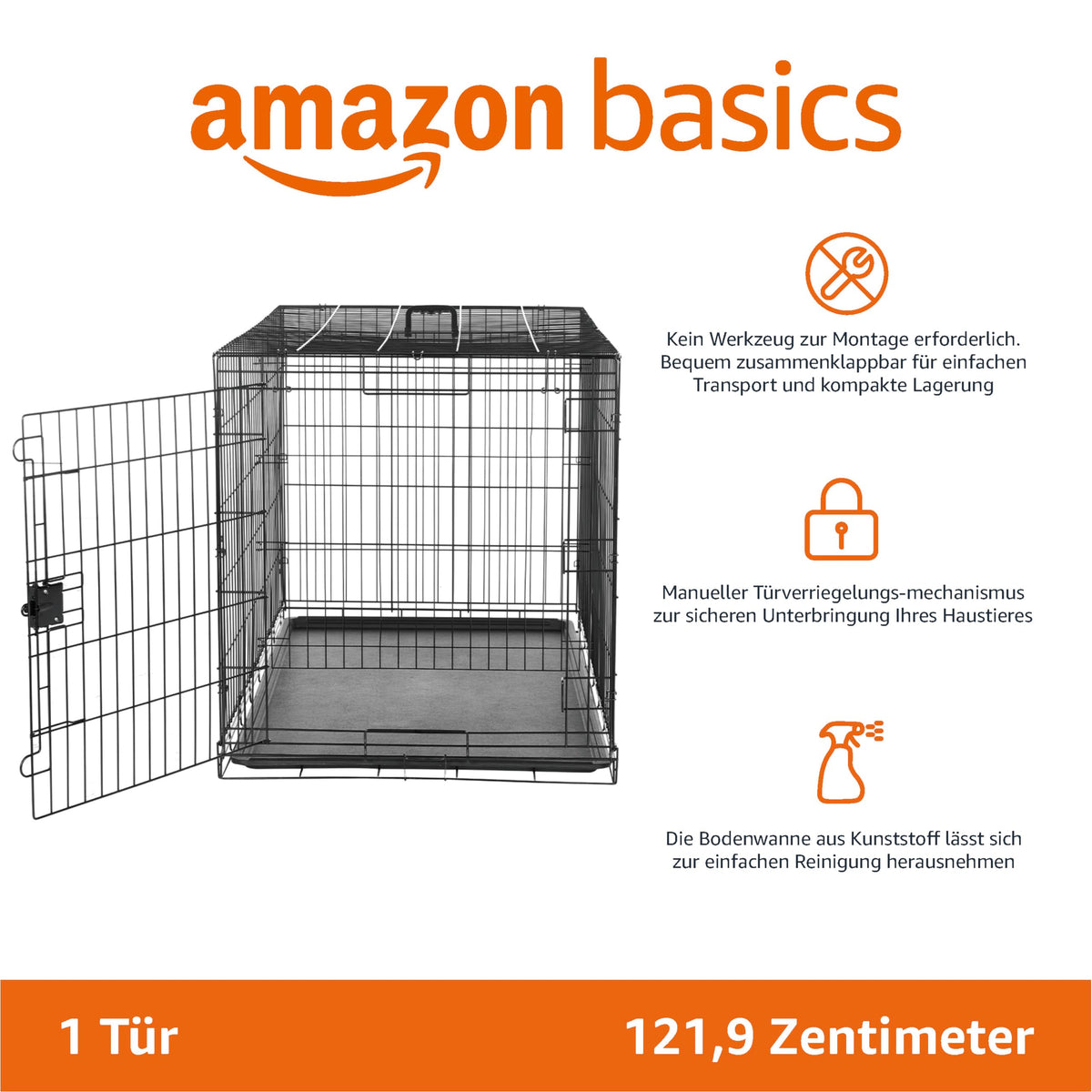Amazon Basics Collapsible Dog Crate made of Wire with Floor Tray, Single Door, Black, L 122 x W 76 x H 83 cm - 9001N-48A