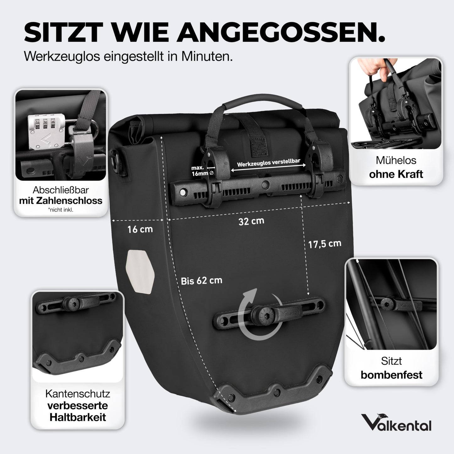 Valkental Large & waterproof luggage rack bag - bicycle bag for luggage racks with large reflectors [lockable] bomb-proof seat - multiple awards - made for durability - 01-NZC9-LQSP