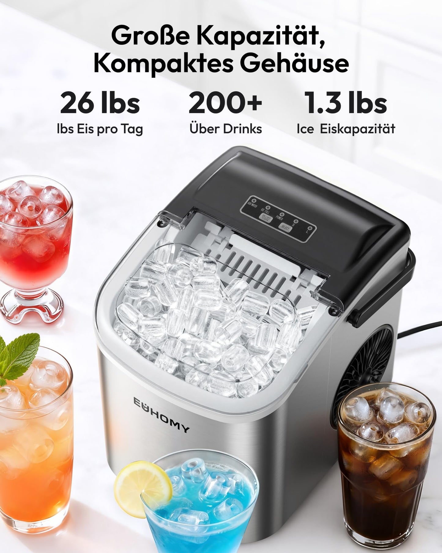 EUHOMY Ice Cube Machine Small, 9 Ice Cubes in 6 Minutes, 12 kg/24H, Ice Cube Machine Stainless Steel with Portable Handle, Self-Cleaning Compact Ice Cube Machine for Home/Kitchen/Office/Bar - B0CTMH479C