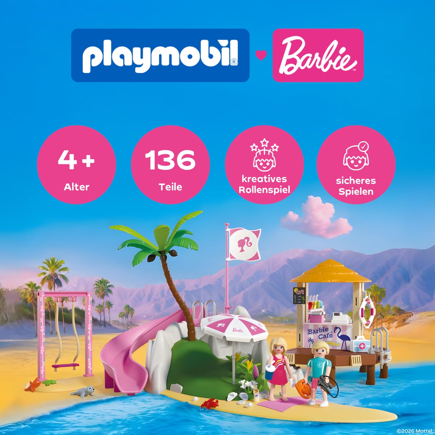 PLAYMOBIL Barbie Beach Café | Summer Adventures with Barbie & Ken | Beach café with swings, slide & animals | For creative role play | Imaginative playset for children aged 4 and over | 72121