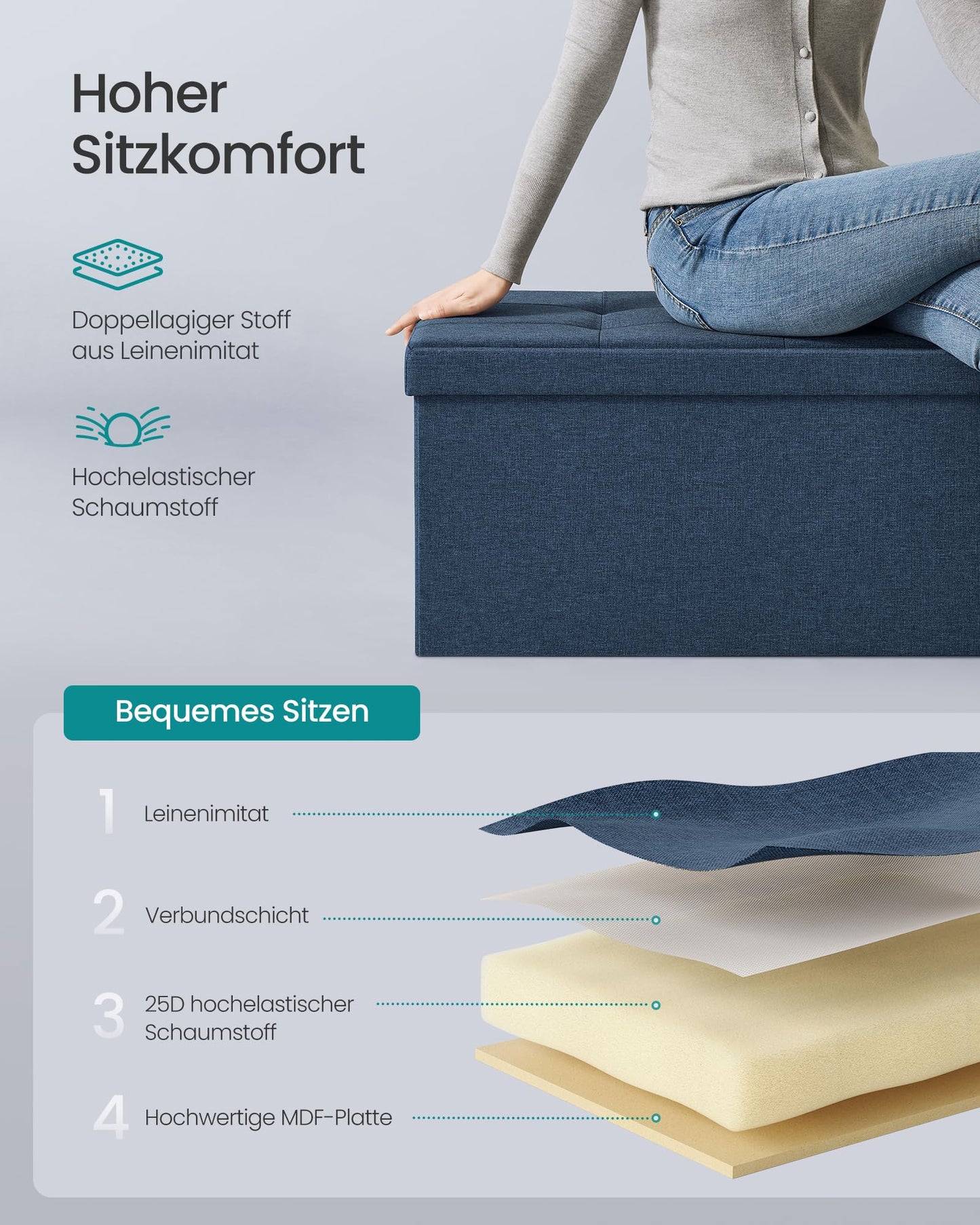 SONGMICS Stool with storage space, folding bench, 38 x 110 x 38 cm footstool, storage box, loads up to 300 kg, for living room, bedroom, hallway, midnight blue LSF77IN