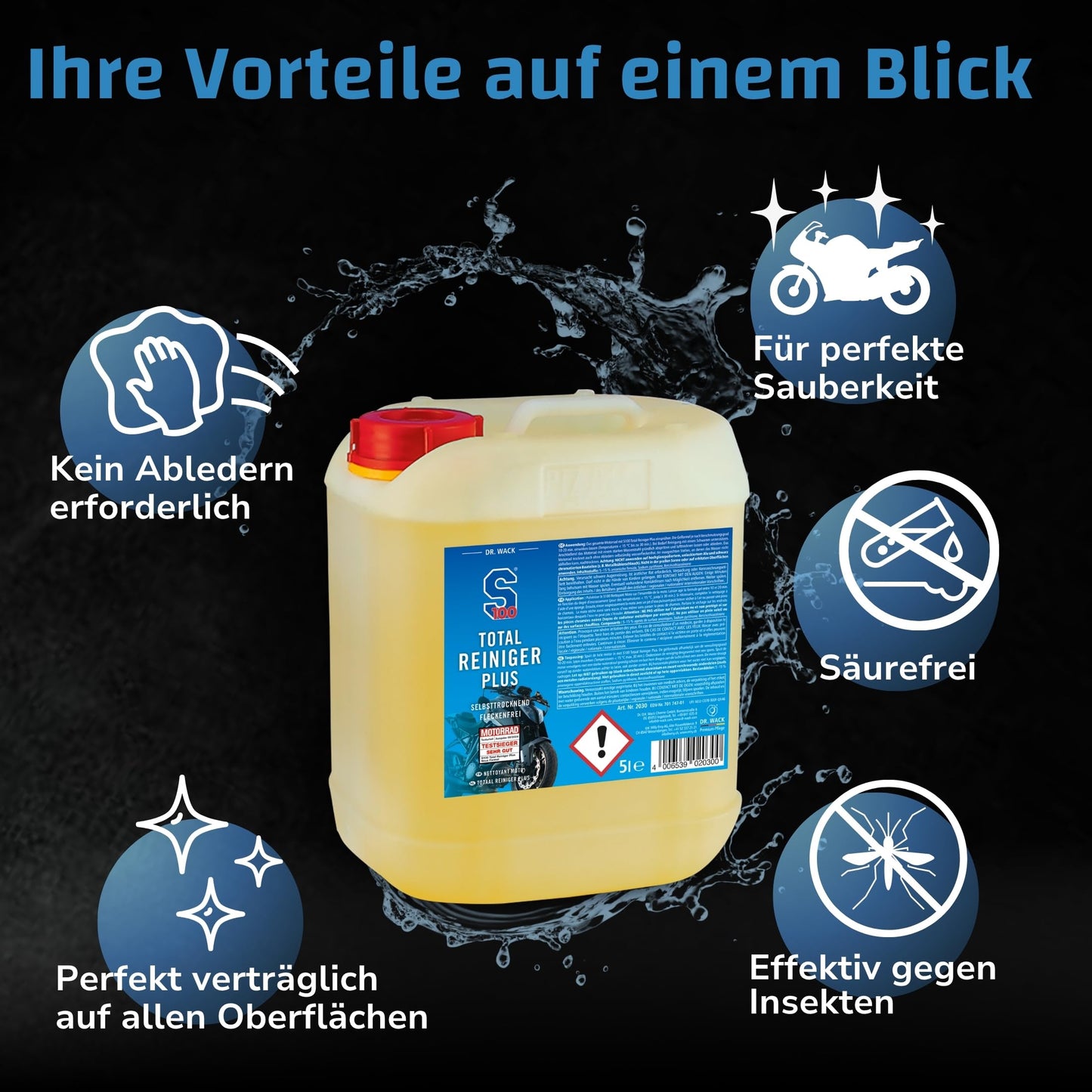 Dr. Wack - S100 Total Cleaner Plus 5 liters - Effective motorcycle cleaner with gel formula - Gentle cleaning of dirt - High yield & cleaning power - High-quality motorcycle care - 2030