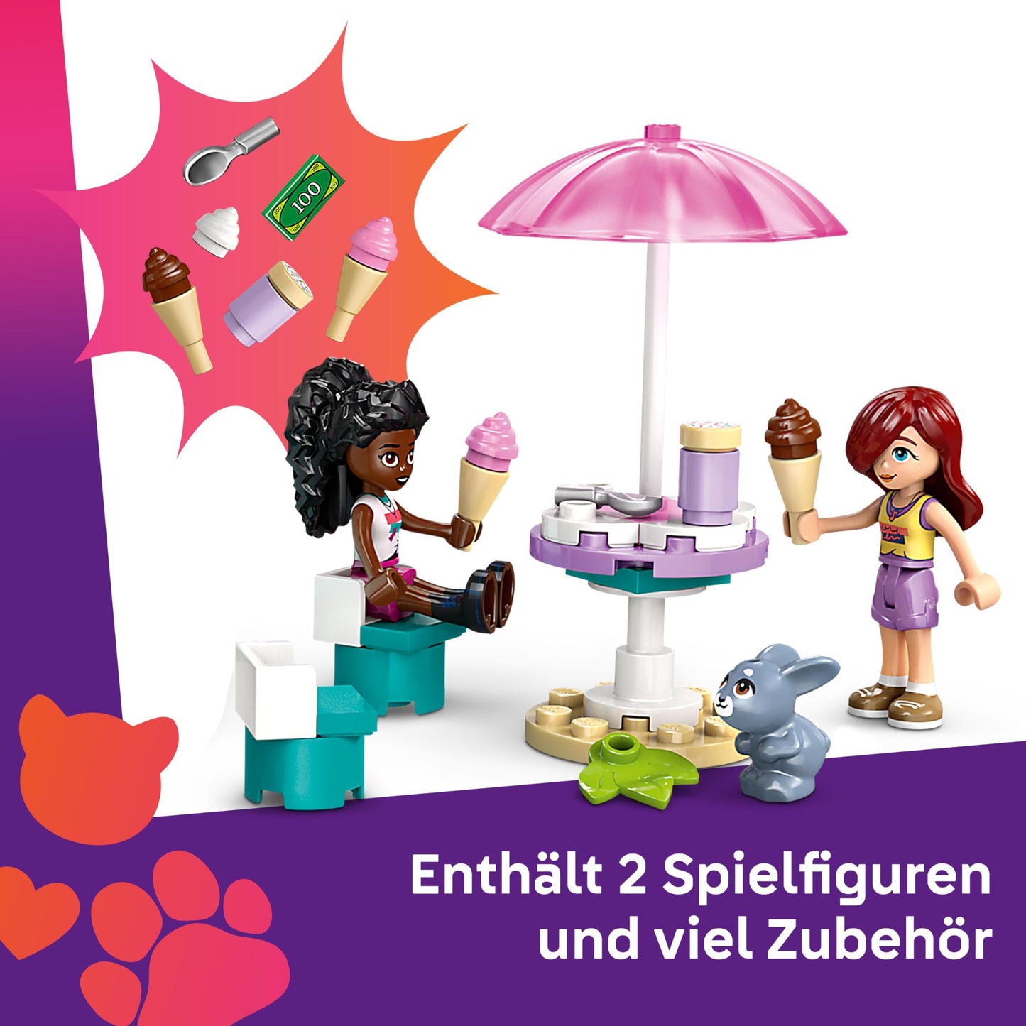 LEGO Friends Heartlake City Ice Cream Truck, role-play playset, building set with 2 toy figures and a bunny, toy for girls aged 4 and up, building toy with character minifigures 42644
