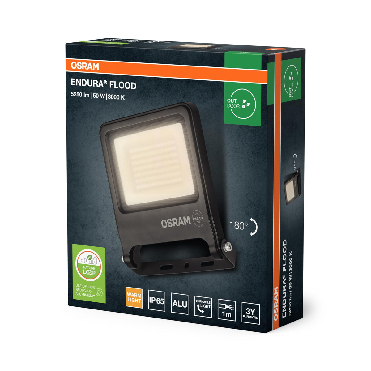 Osram ENDURA FLOOD PC 50W LED Floodlight, 3000K warm white, 5000 lumens, IP65 floodlight, sustainable aluminum, 100 lm/W efficiency, dark gray - 4099854486548