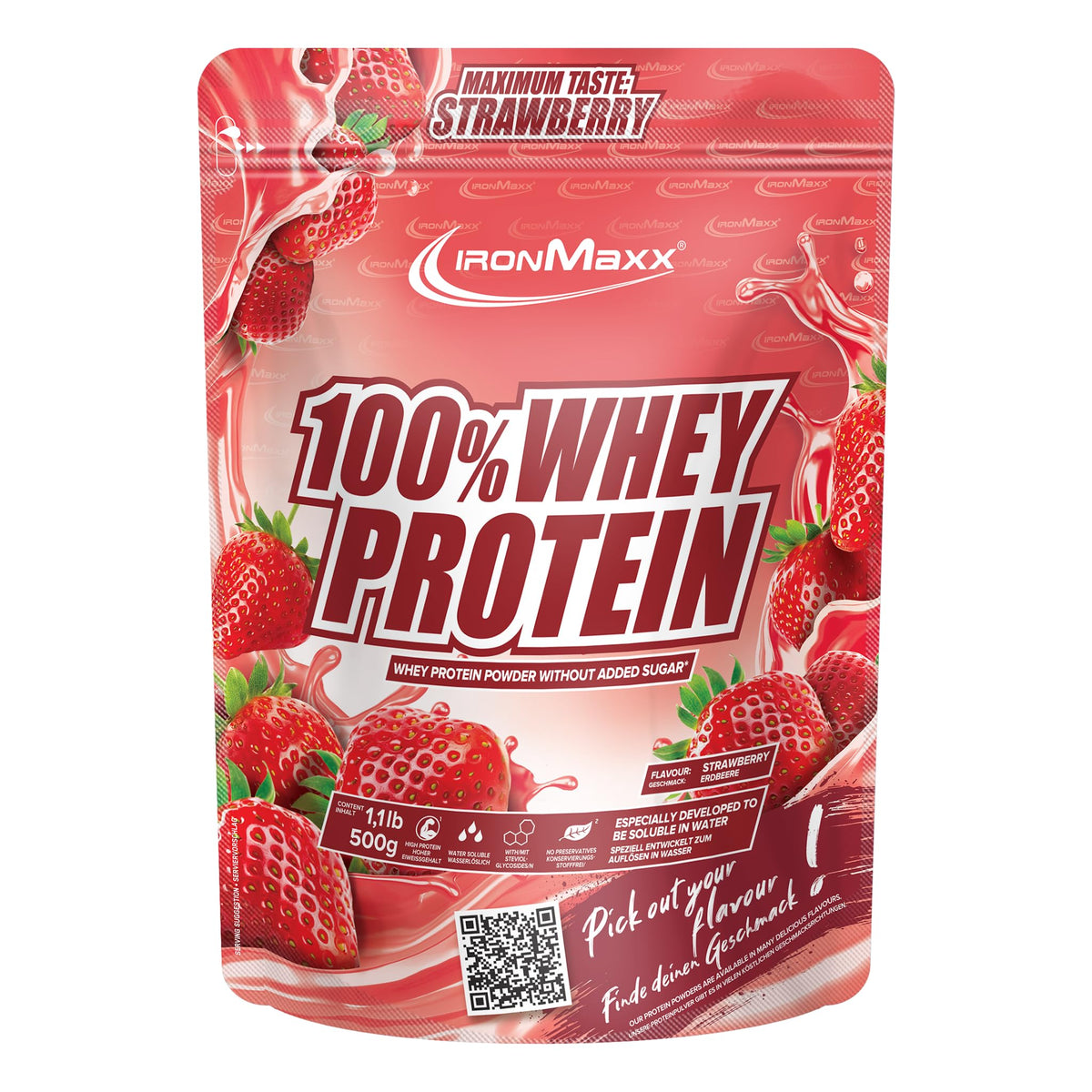 IronMaxx 100% Whey Protein Powder 500g - Strawberry | Creamy protein shake with BCAAs & EAAs | High protein, low carb & low sugar | Ideal for muscle building & fitness - 41205