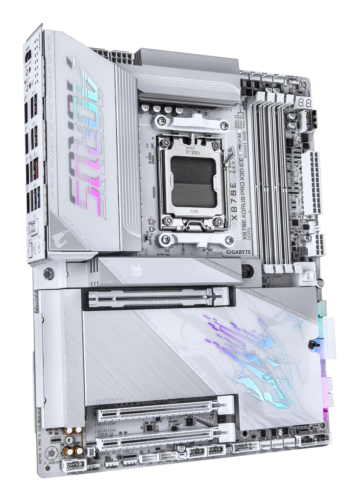 GIGABYTE X870E AORUS PRO X3D Ice Mainboard – Supports AMD Ryzen 9000 processors, 18+2+2-phase digital VRM, up to 9000 Hz DDR5 (OC), 2 x PCIe 5.0 + 2 x PCIe 4.0, Wi-Fi 7, 5 GbE LAN, USB 4