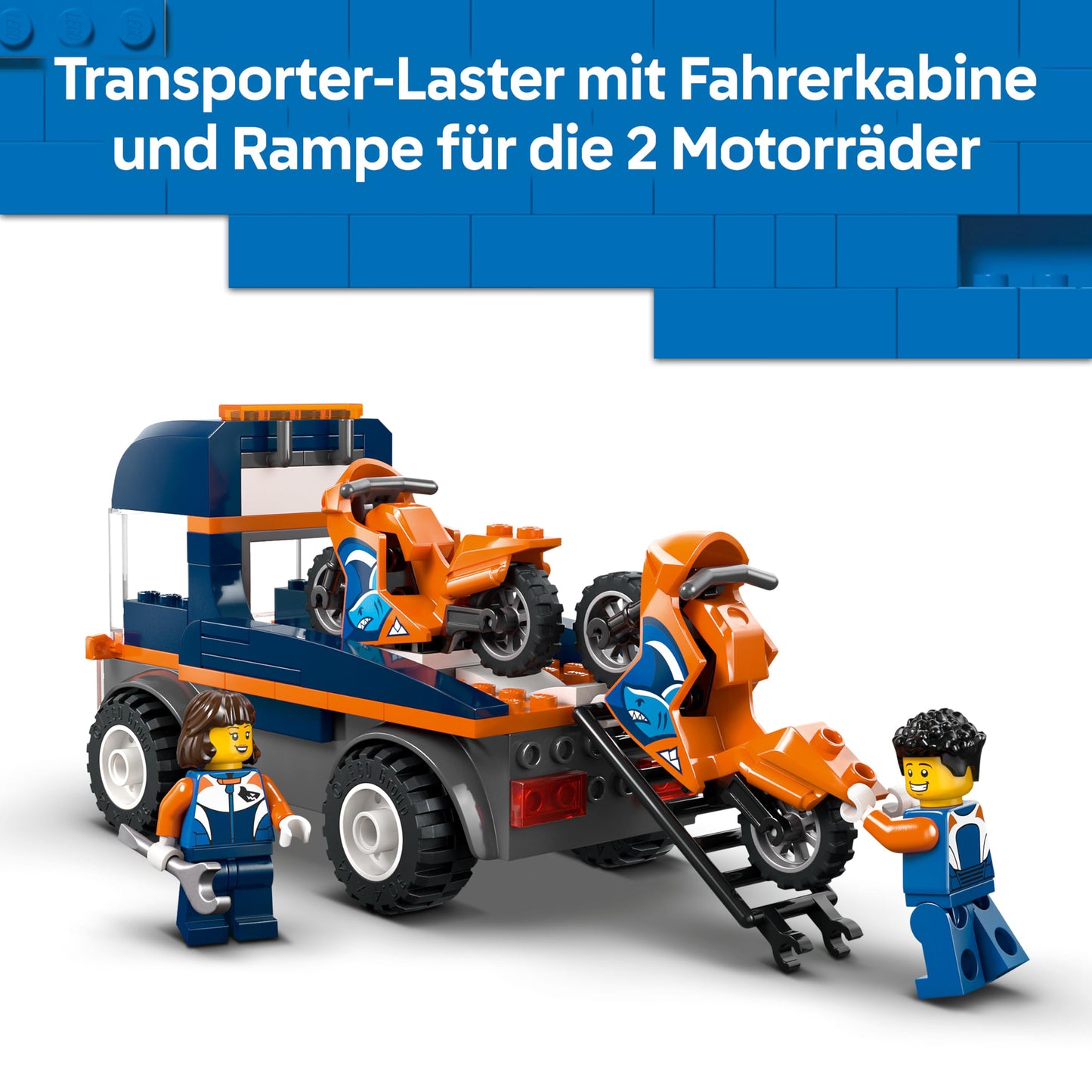 LEGO City Motorcycle Transporter - Toy to promote fine motor skills with transporter, 2 motorcycles, 2 minifigures, ramp and accessories - birthday gift for boys aged 4 and up - 60491