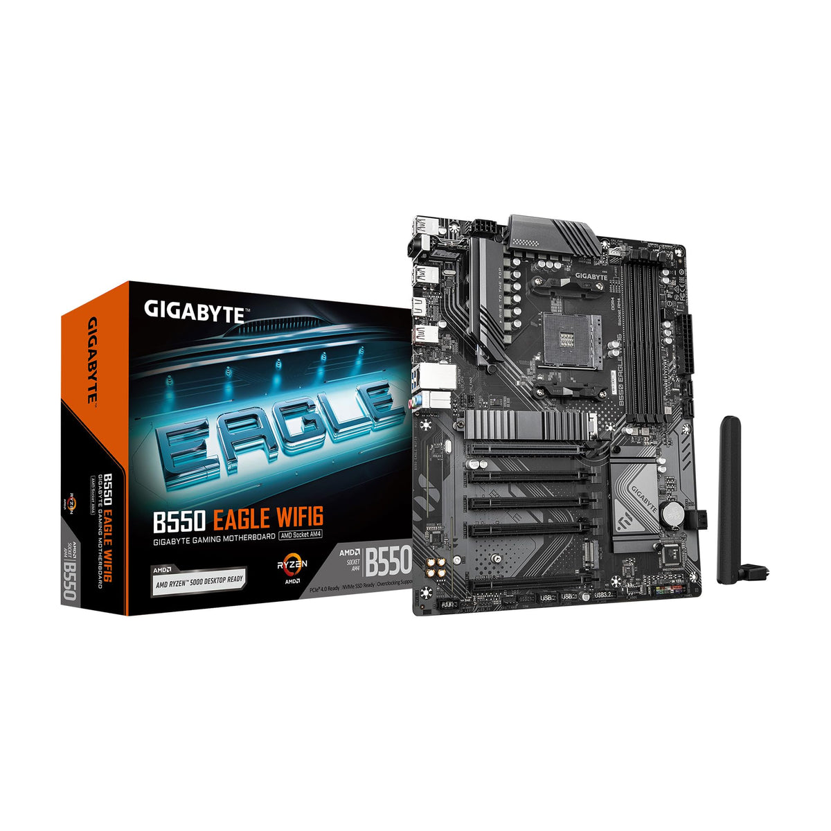 GIGABYTE B550 Eagle WIFI6 Mainboard – Compatible with AMD Ryzen 5000 G-Series CPUs, featuring a 10+3+1 phase VRM, supports up to 3200 MHz DDR4, includes 1x PCIe 4.0 and 1x PCIe 3.0 M.2 slots, 1GbE LAN, WiFi 6, and USB 3.2 Gen 2.