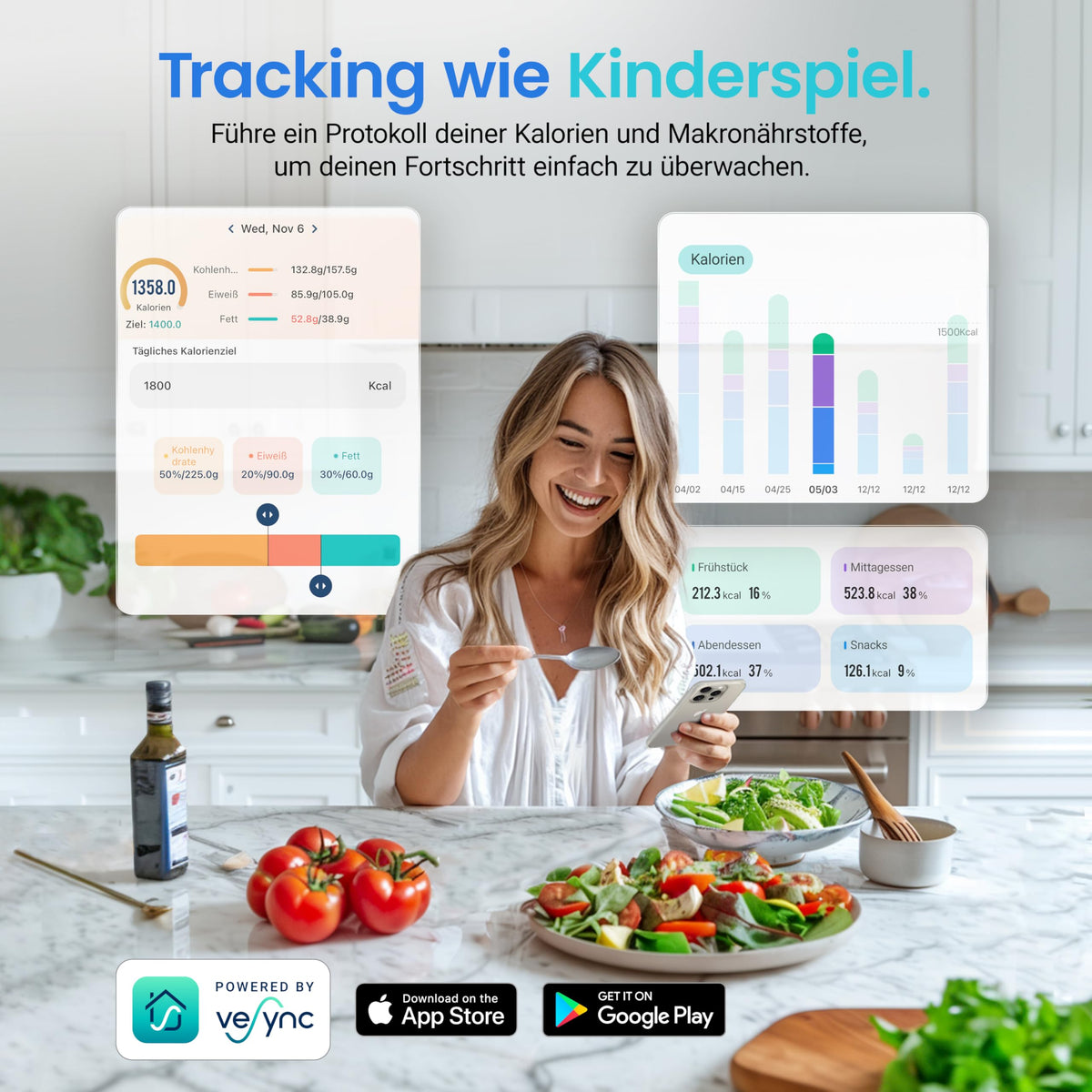 Cosori Stainless Steel Digital Kitchen Scale, Kitchen Scale with APP Nutritional Calculation - CNS-R101S