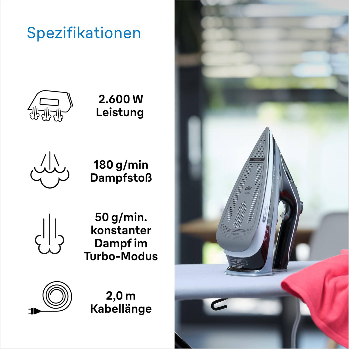 Braun FreeStyle 5 Steam Iron SI 5188 BK – Iron with FreeGlide 3D soleplate, vertical steam, 2800 Watts, steam shot 220 g/min, 330 ml water tank, black - SI5188BK