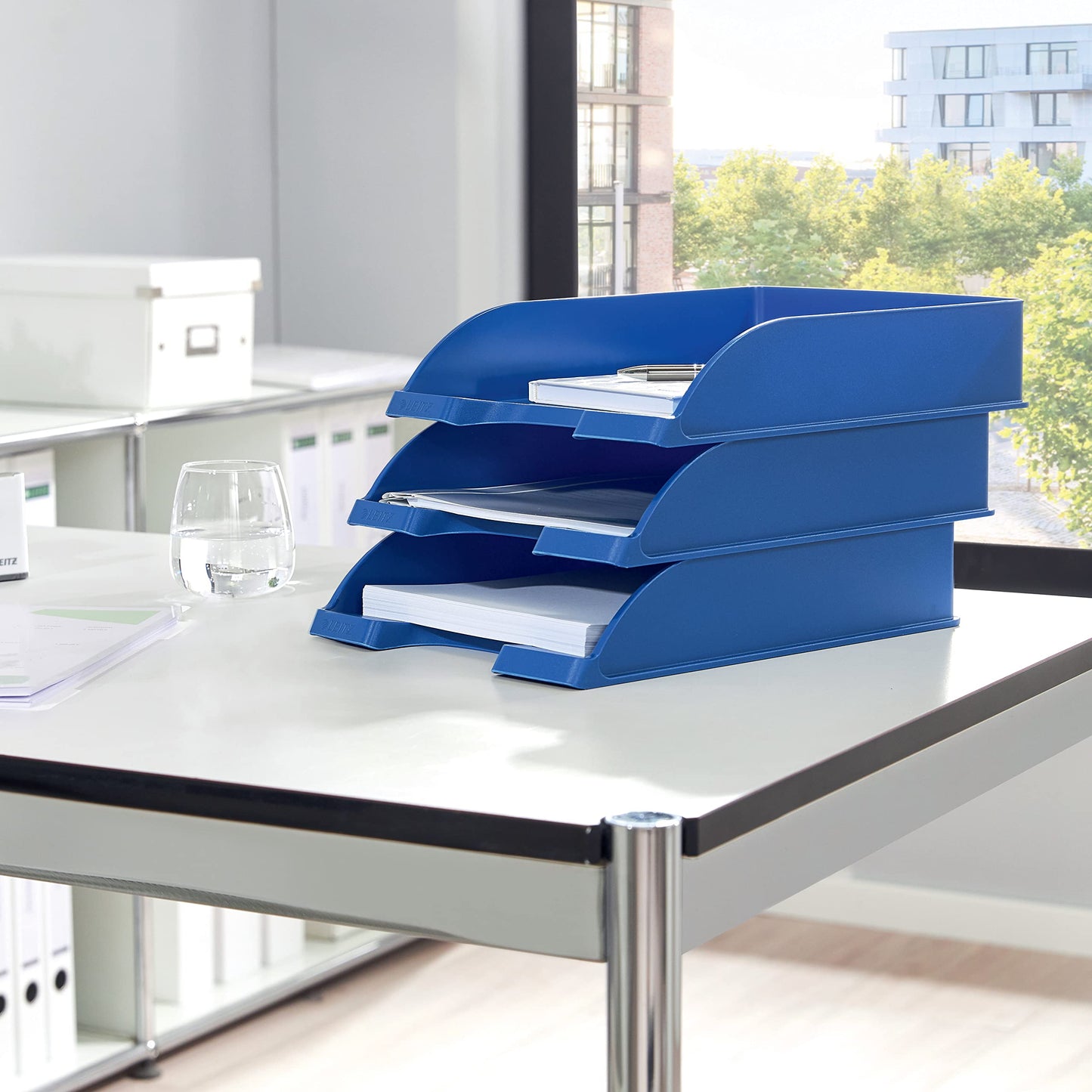 Leitz letter basket standard A4, pack of 5, letter tray in premium quality, stackable storage compartments as desk organiser, can be combined with Plus series, blue, 52270035
