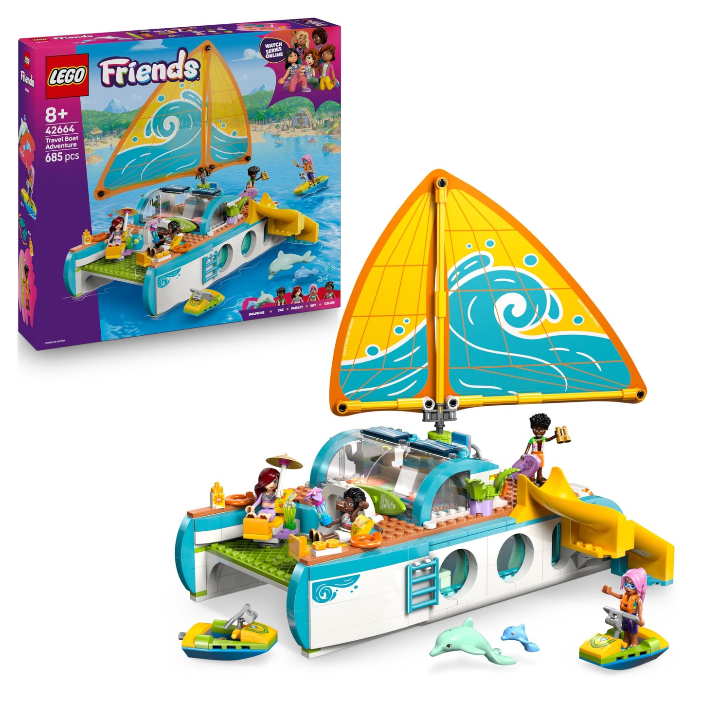 LEGO Friends sailing adventure set - toy including boat with rotating sail, 4 mini dolls and 2 dolphin figures as well as fun accessories - creative birthday gift for girls aged 8 and over - 42664