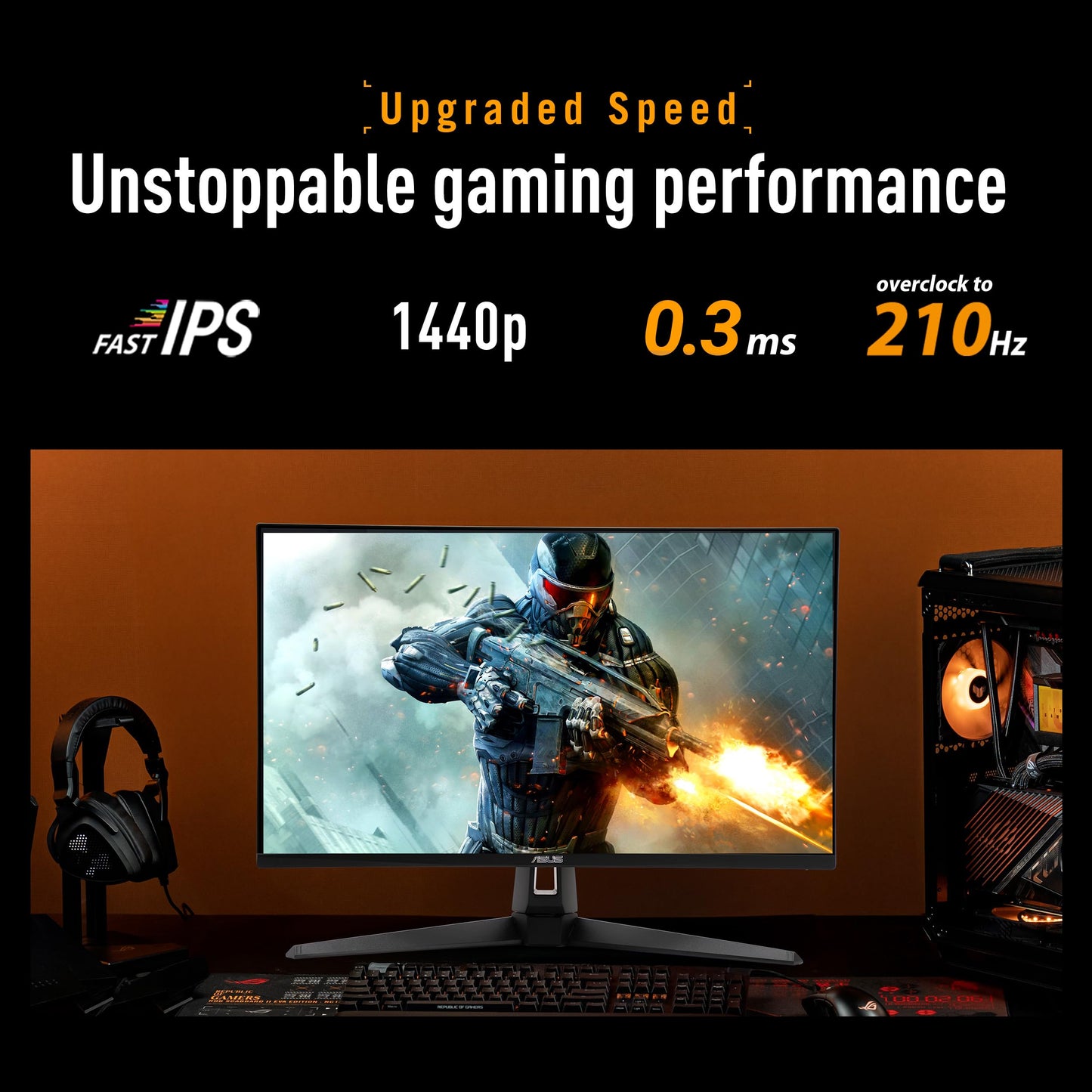 ASUS TUF Gaming VG27AQ5A QHD Monitor (27 inch, 2560 x 1440, 210Hz (OC), Fast IPS, ELMB Sync, 0.3ms response time, speakers, HDMI, DisplayPort, Gaming AI)