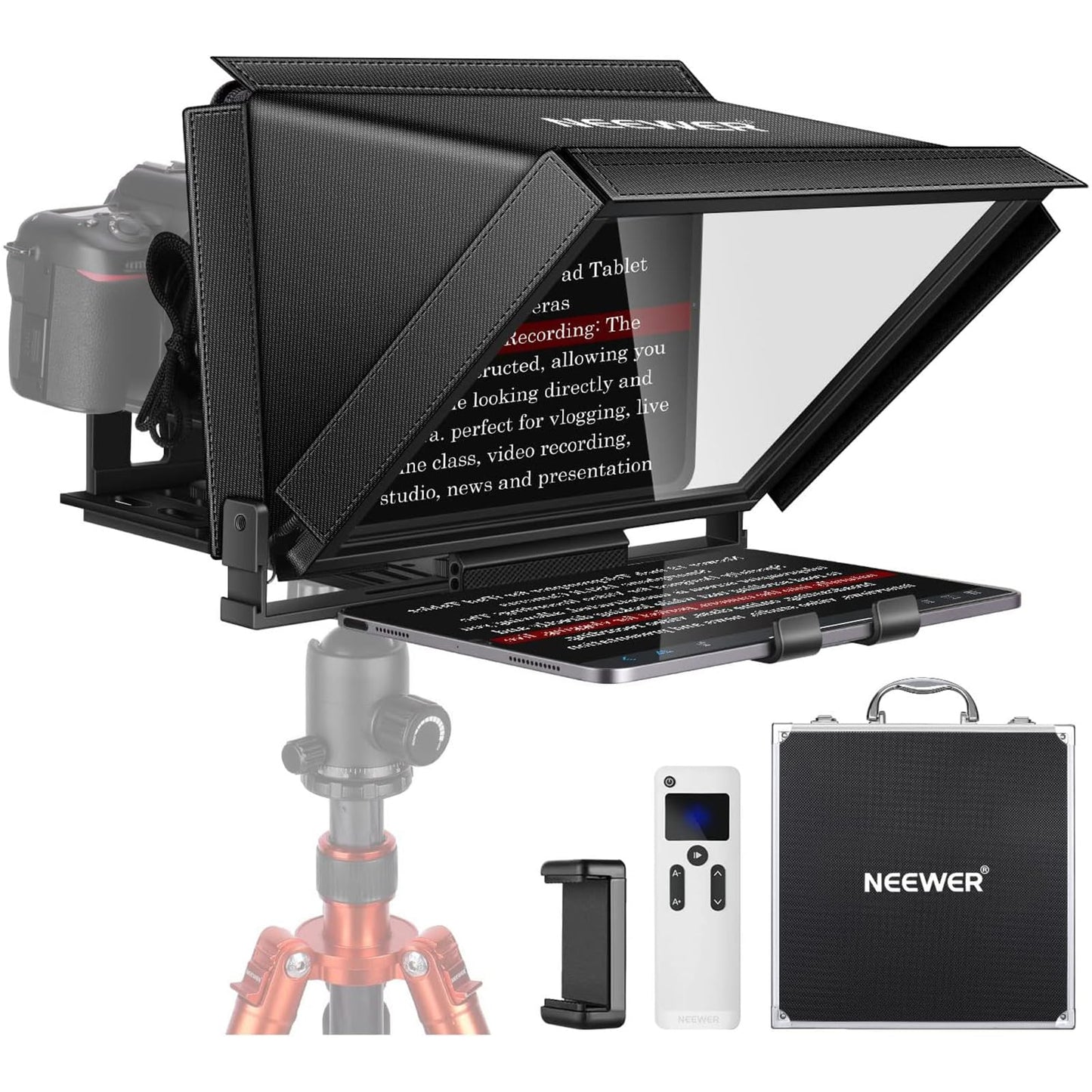 NEEWER X12 aluminum alloy teleprompter with RT-110 remote control and app control, compatible with iPad, iOS/Android tablet, smartphone, DSLR camera, complete metal construction with carrying case