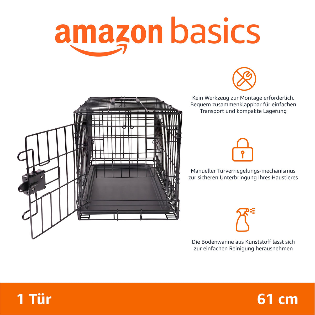 Amazon Basics Collapsible Dog Crate with Metal Wire and Floor Tray, Single Door, Black, L 61 x W 46 x H 51 cm - 9001N-24A