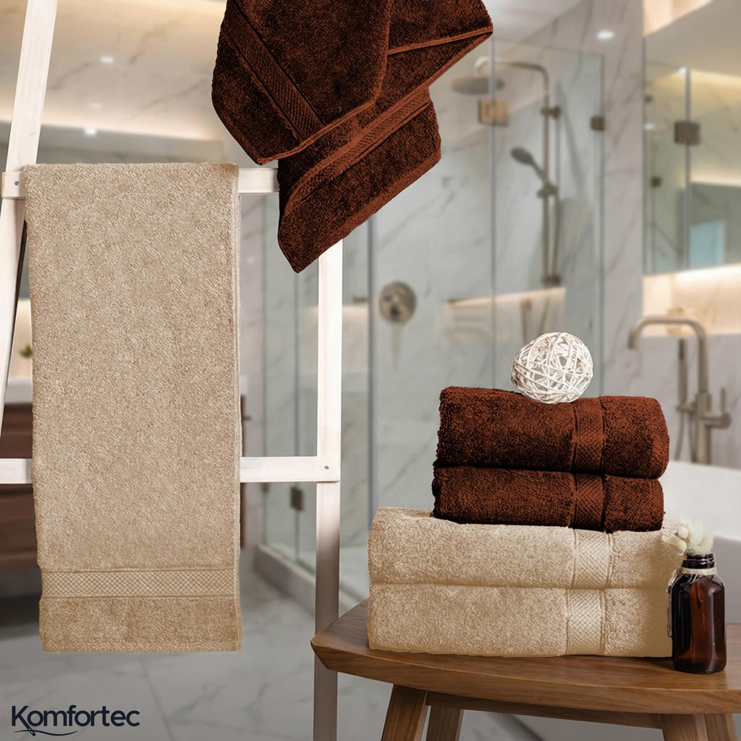 Komfortec set of 8 towels, 4 bath towels 70x140 cm & 4 hand towels 50x100 cm, 100% cotton terry cloth, fluffy and absorbent, brown/beige - 4er-50x100-und-4er-70x140-braun-beige