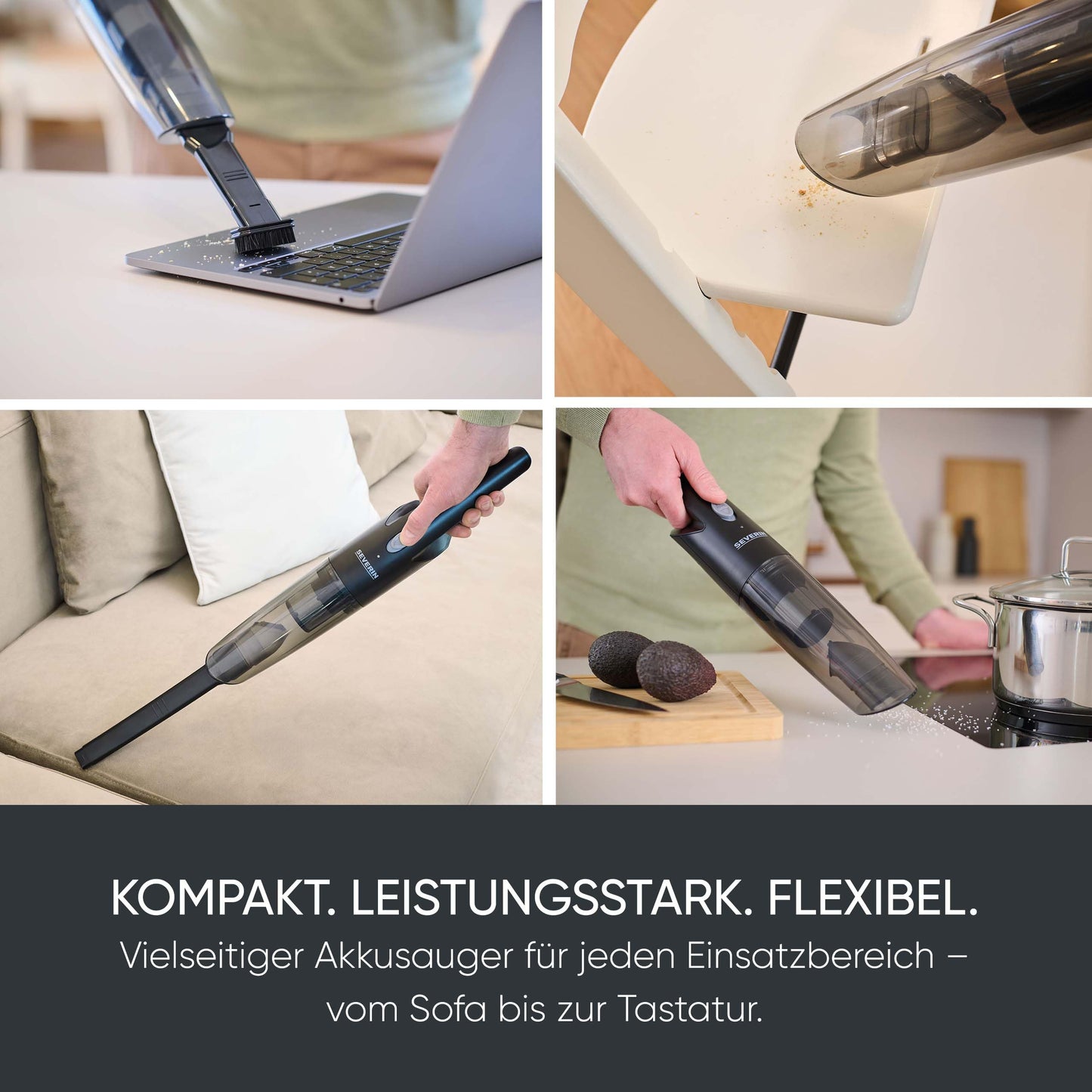 Severin 3-in-1 handheld vacuum cleaner battery, slim design, up to 25 minutes running time, 275 ml, wet & dry vacuum cleaner, with rubber nozzle, attachable furniture attachment, black, HV 7132
