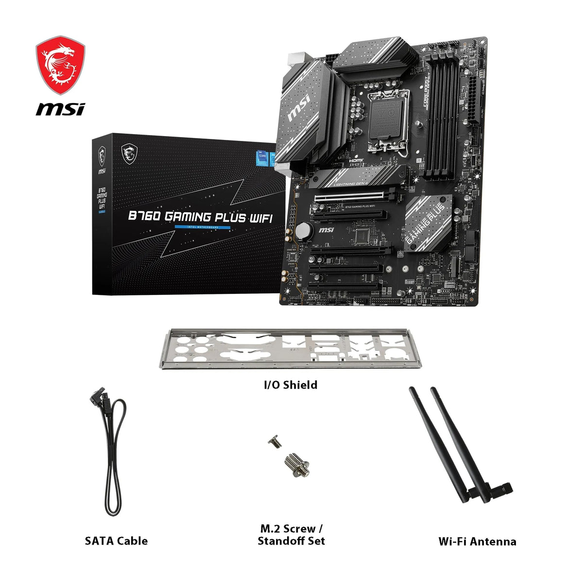 MSI B760 Gaming Plus WiFi Motherboard, ATX - Supports Intel Core processors of the 14th, 13th, and 12th generation, LGA 1700 - DDR5 6800+MHz/OC, 2 x PCIe 4.0 x16, 2 x M.2 Gen4, 2.5G LAN, Wi-Fi 6E - 7D98-007R