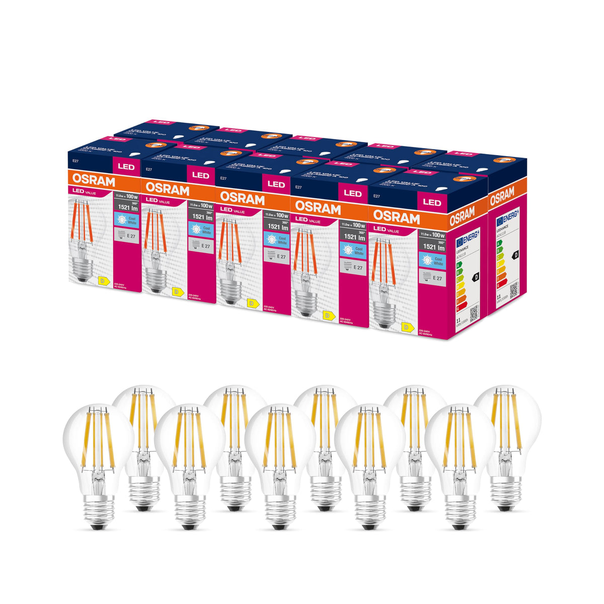 Osram LED Star Value Classic A100 LED Bulb for E27 Socket, Bulb Shape, FIL, 1521 Lumens, Cool White (4000K), Replacement for Standard 100W Incandescent Bulbs, Non-Dimmable, Pack of 10 - 4058075439603