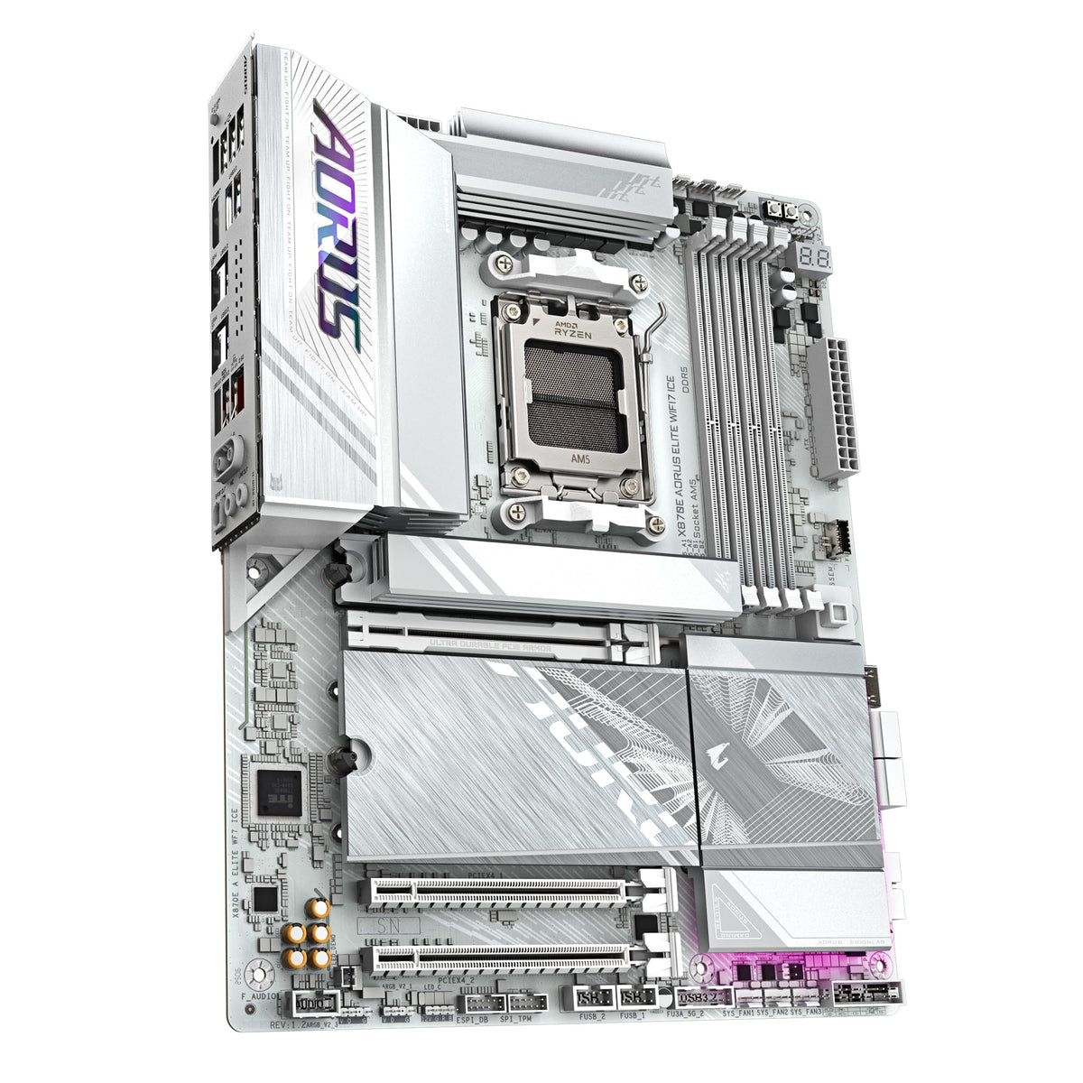 GIGABYTE X870E AORUS Elite WIFI7 Ice Mainboard – Supports AMD Ryzen 9000 processors, digital 16+2+2 phase VRM, up to 8200 MHz DDR5 (O.C.), 3X PCIe 5.0 + 1x PCIe 4.0, Wi-Fi 7, 2.5 GbE LAN