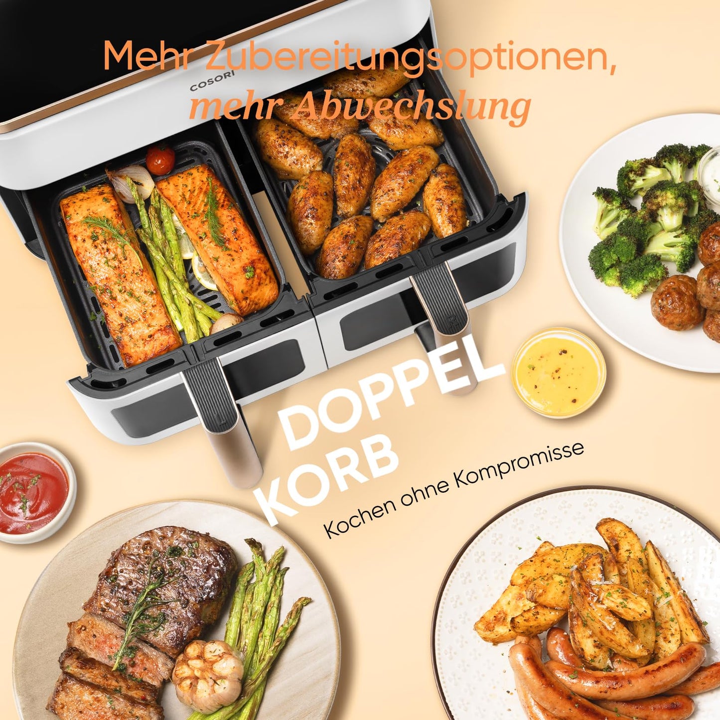 COSORI hot air fryer 2 chambers, test winner from Stiftung Warentest, 8.5 L 6-in-1 air fryer with viewing window, black and white - CAF-R904-AEU