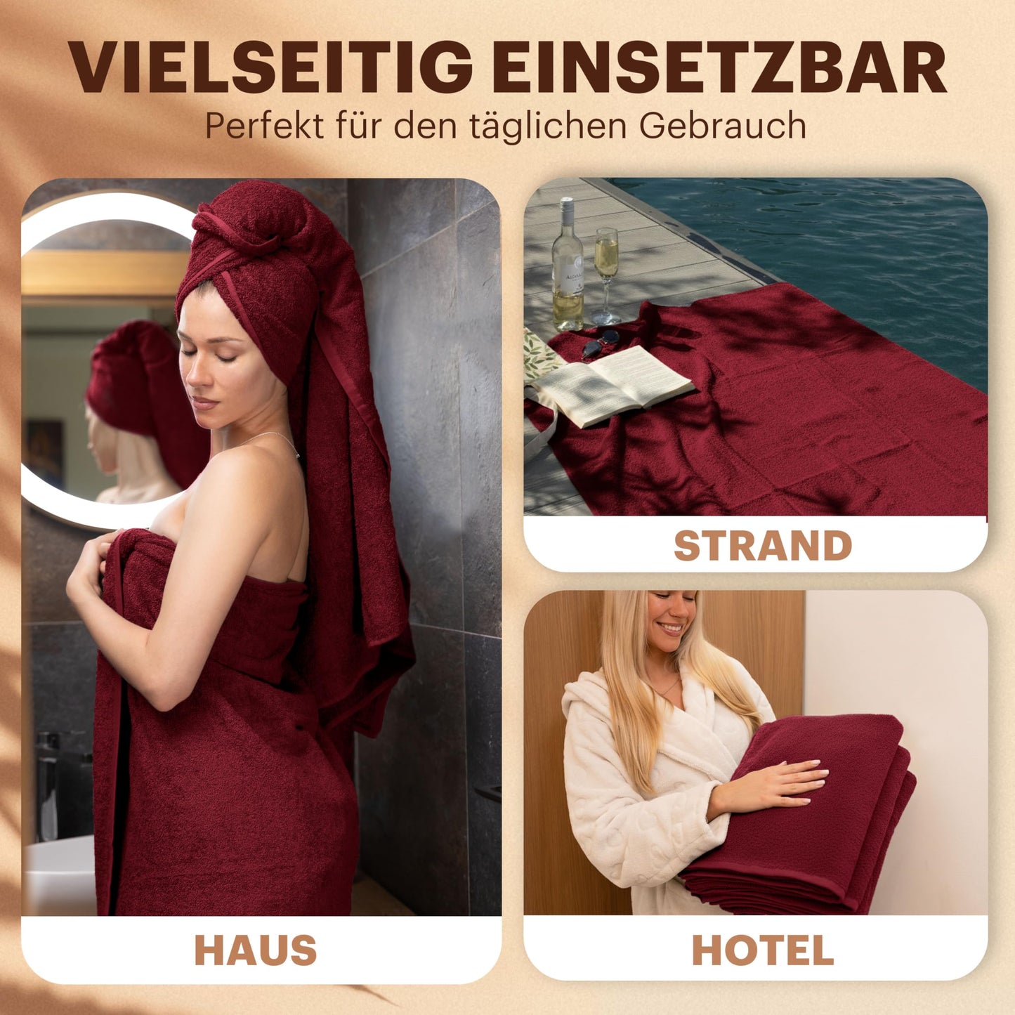 NatureMark 4-piece shower towel set - soft and absorbent shower towels made from 100% cotton, suitable for everyday use - burgundy red, 70x140 cm - GM-TWL-400-B-71