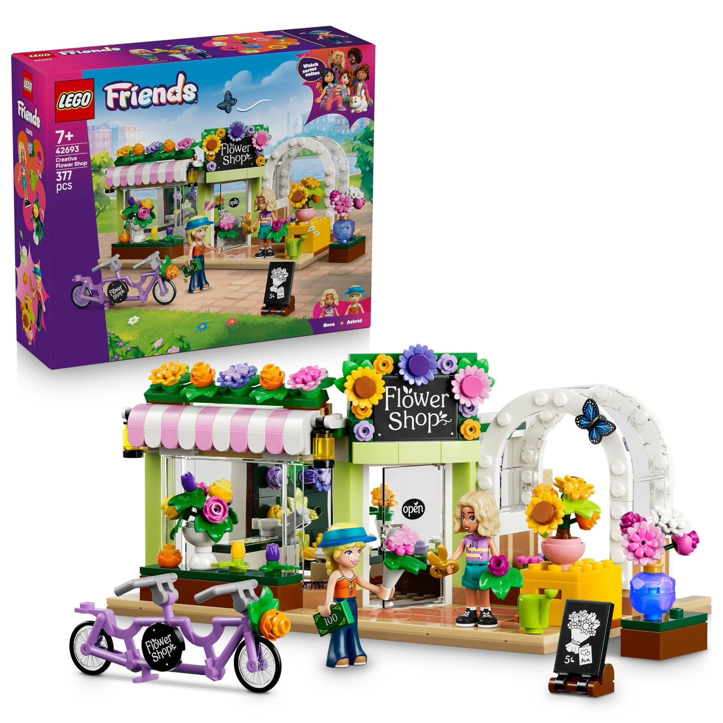 LEGO Friends Creative Flower Shop - Miniature playset with artificial flowers, vases & bouquets, 2 minifigures, bicycle & accessories - Children's room decoration - Gift idea for girls aged 7 and up - 42693