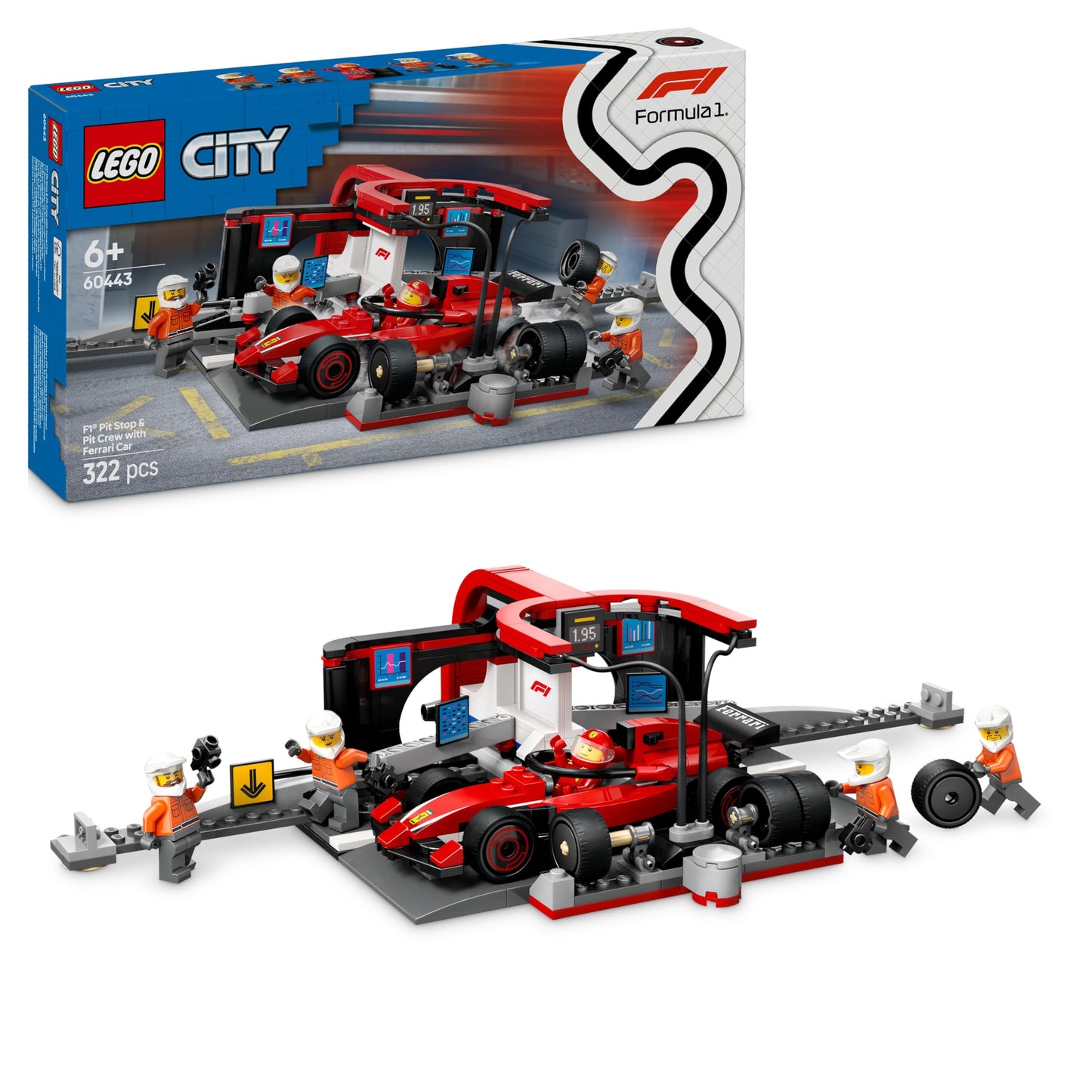 LEGO City F1 Pit Stop with Pit Crew and Ferrari Speedster - Formula 1 Pit Stop Set with 1 Racing Driver and 4 Mechanic Minifigures - Toy Racing Car for Boys and Girls from 6 Years - 60443