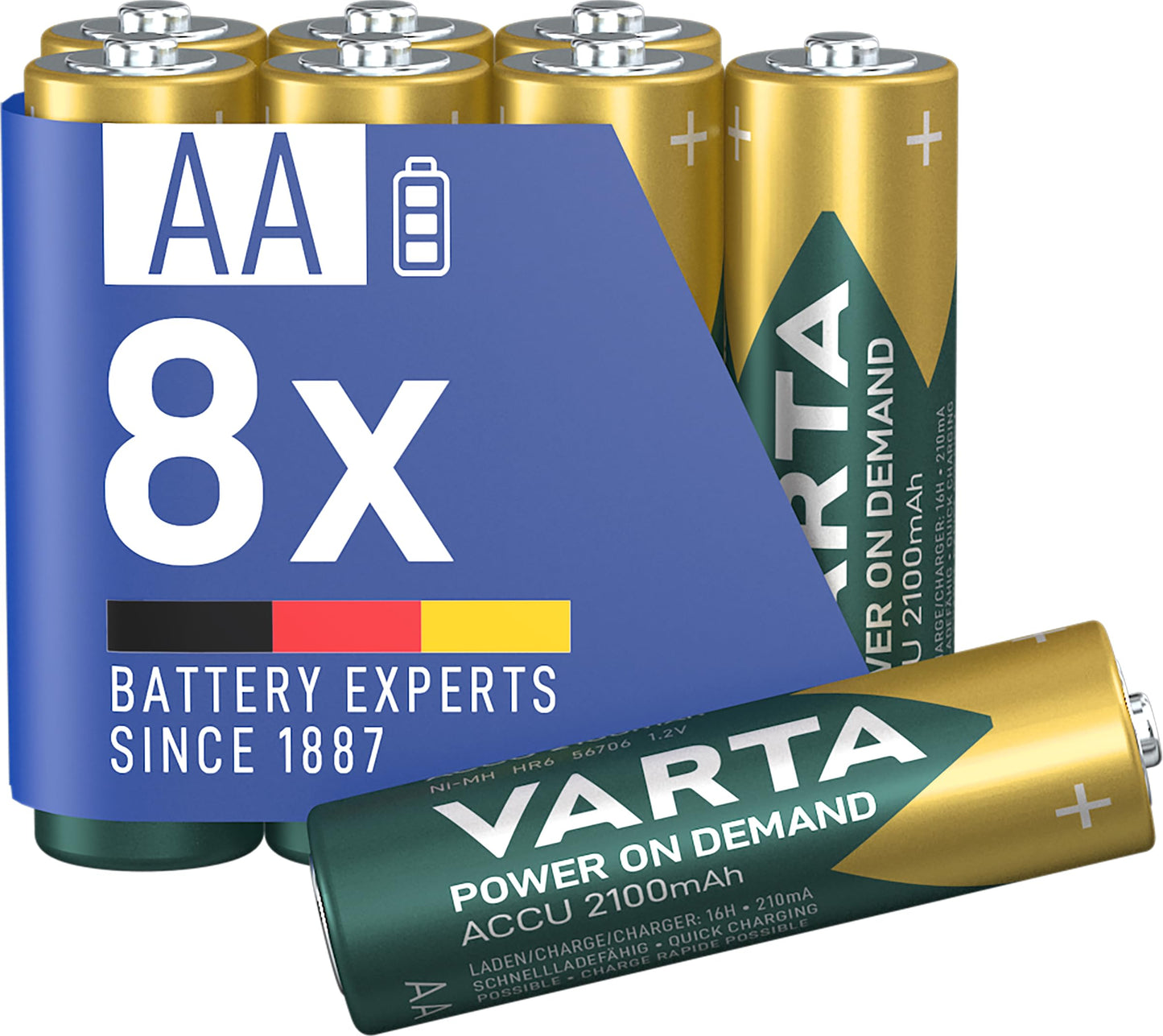 VARTA AA batteries, rechargeable, pack of 8, battery, power on demand, 2100 mAh Ni-MH, pre-charged, ready for immediate use [Exclusive to Amazon] - Power