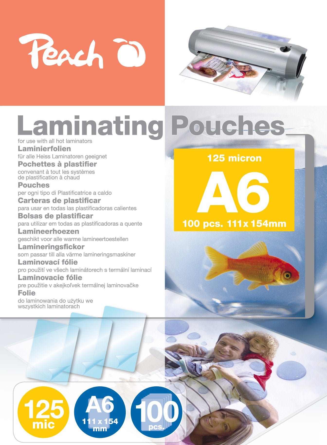 Peach laminating film A6-125 mic - 12x100 pouches - glossy - premium quality for best laminating results - compatible with devices from all brand manufacturers - PP525-0412A