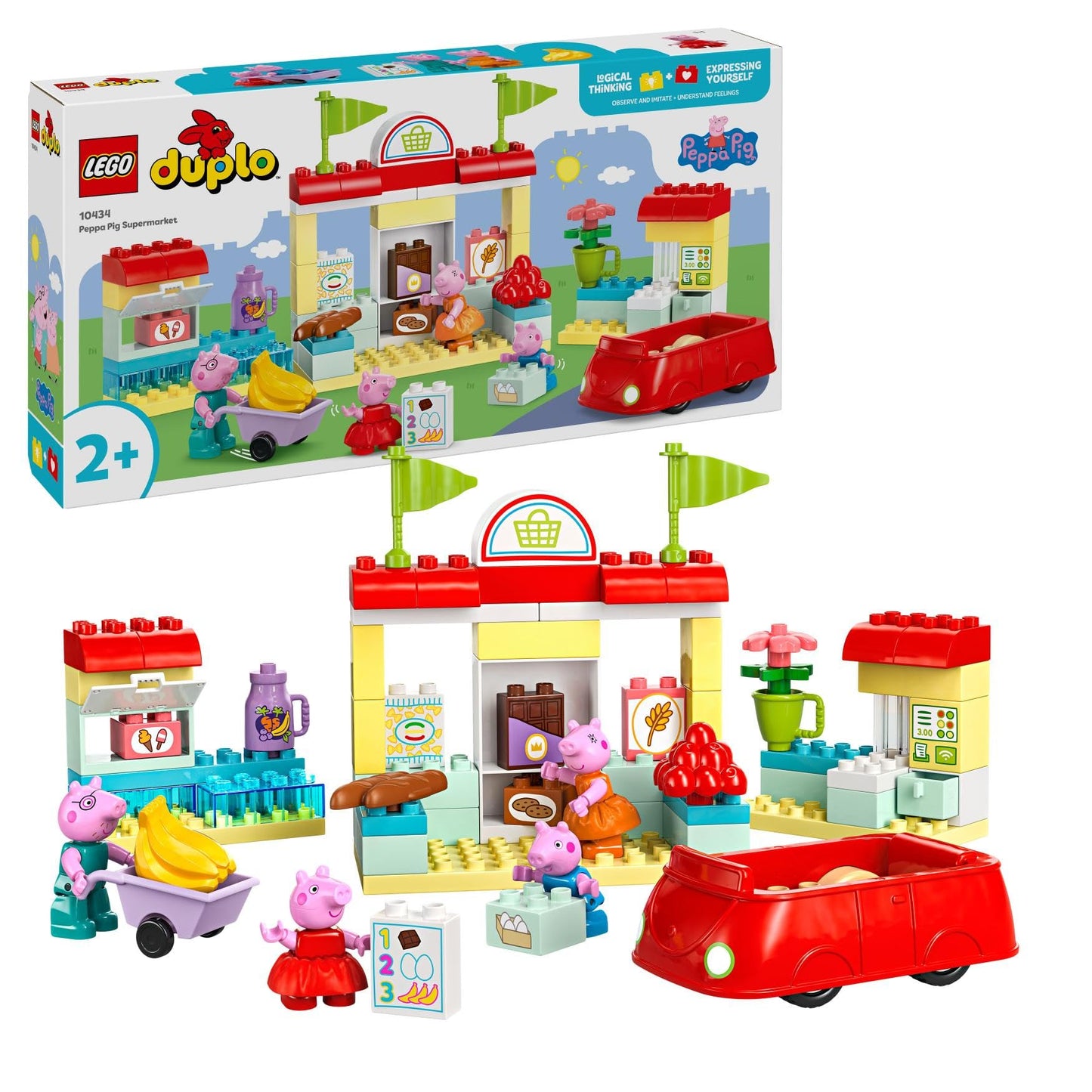 LEGO DUPLO Peppa Pig Supermarket - educational toy to promote fine motor skills for girls and boys aged 2 and over - including shop with car and 4 figures - gift idea for toddlers - 10434
