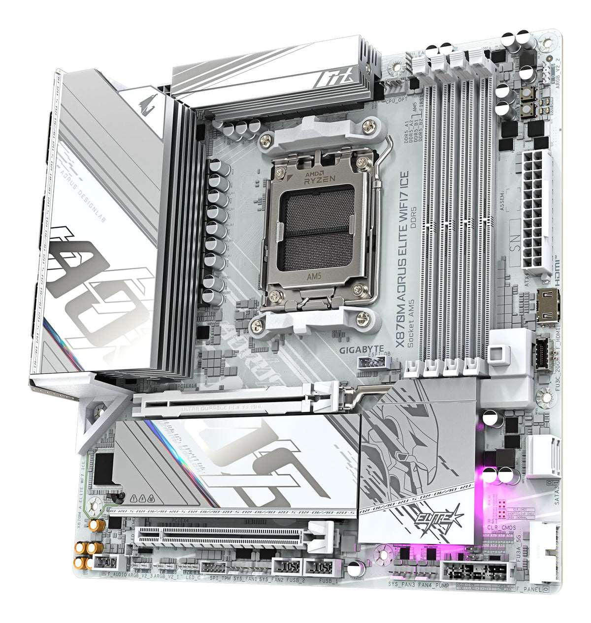 GIGABYTE X870M AORUS Elite WIFI7 Ice Mainboard – Supports AMD Ryzen 9000 CPUs, digital 14+2+2 phase VRM, up to 8200 Hz DDR5 (O.C), 1× PCIe 5.0 + 1× PCIe 4.0, Wi-Fi 7, 2.5 GbE LAN, USB 4