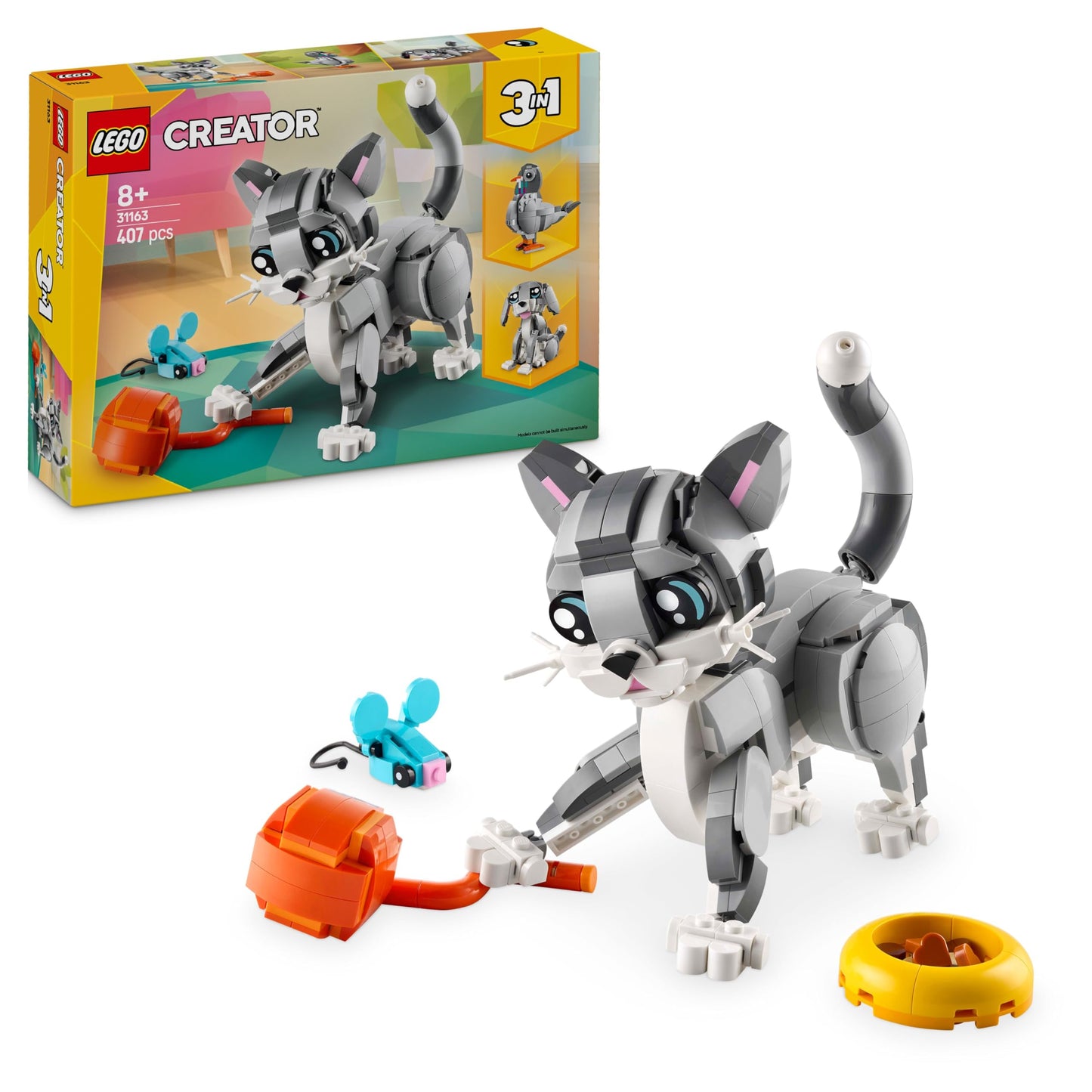 LEGO Creator 3in1 Gray Cat - Animal figure convertible into a pigeon or a dog - Creative birthday gift for girls and boys aged 8 and up - 31163