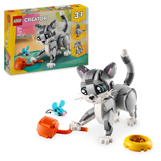LEGO Creator 3in1 Gray Cat - Animal figure convertible into a pigeon or a dog - Creative birthday gift for girls and boys aged 8 and up - 31163