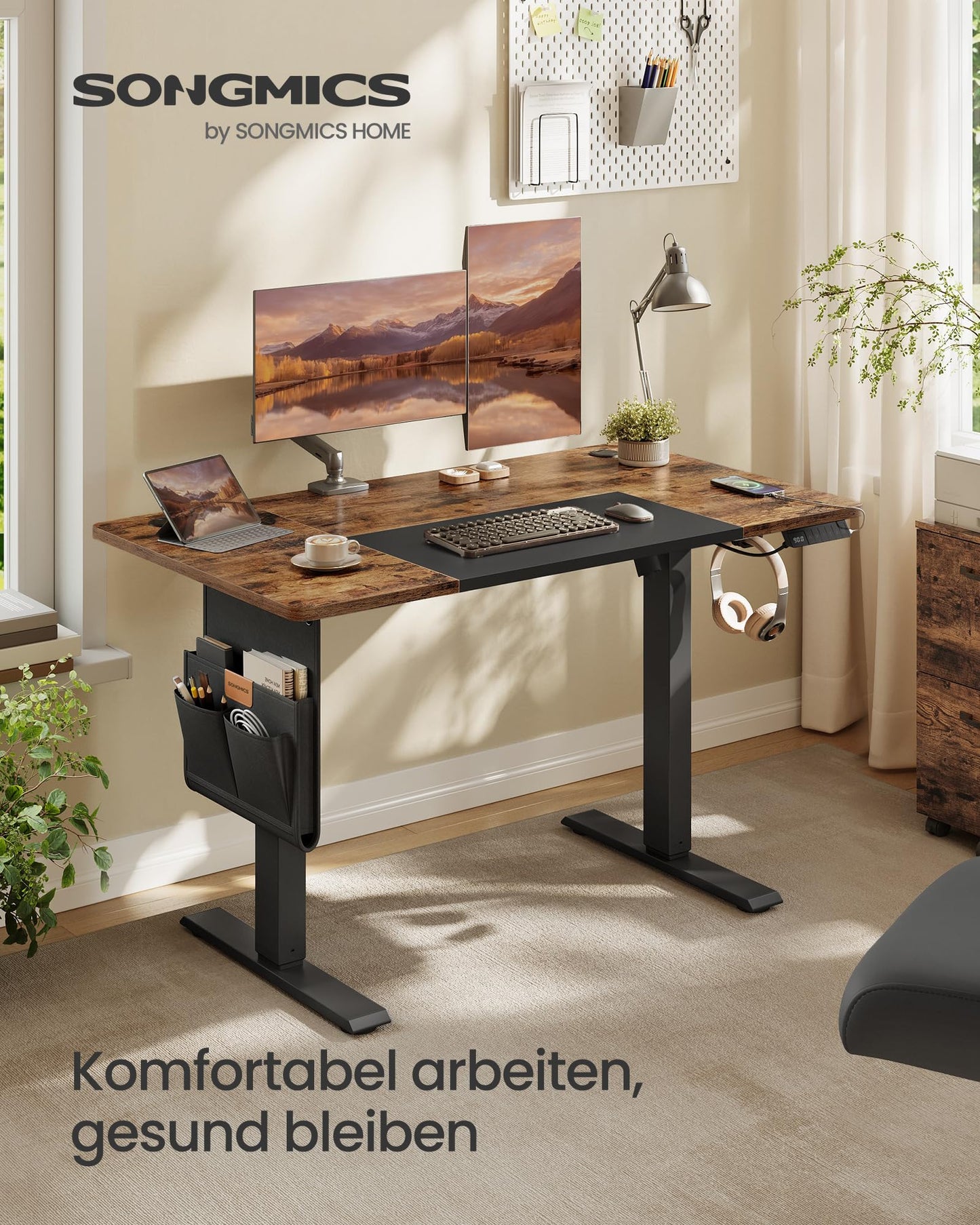 SONGMICS Electric height-adjustable desk, 120 x 60 cm, infinitely adjustable, memory function with 4 heights, vintage brown-ink black LSD015X01 - VA-LSD015X01