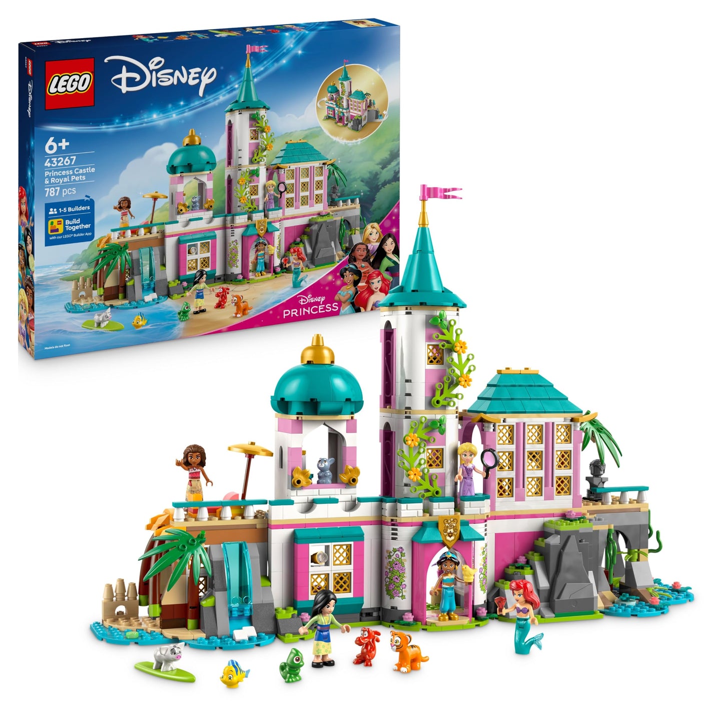LEGO ǀ Disney Princess Castle & Royal Pets - Detailed Interior Set - Includes Ariel, Rapunzel, Mulan, Jasmine & Moana Mini Figures - Gift for Ages 6+ - 43267