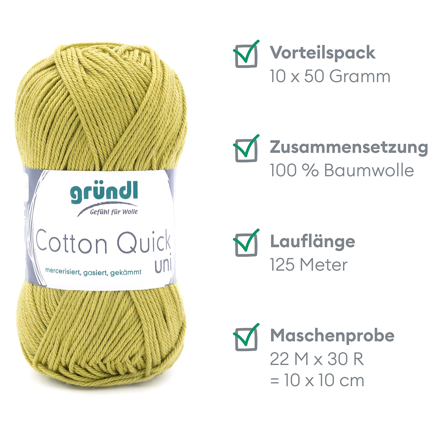 Gründl Wolle Cotton Quick uni - thin wool for crocheting - knitting yarn - crochet yarn - shiny and skin-friendly - 100% cotton - 10 balls 50 g / 125 m - needle size 3-4 - Hellolive - 865-140