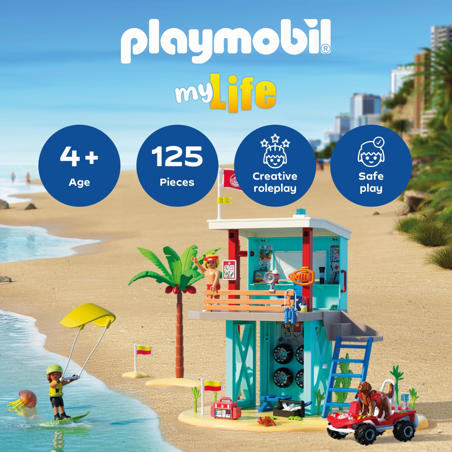PLAYMOBIL | Vacation on the Beach | Rescue tower with beach buggy | Toys for ages 4+ | Gift for children | Promotes creativity & sense of adventure | Beach adventure with figures & vehicle | 71903
