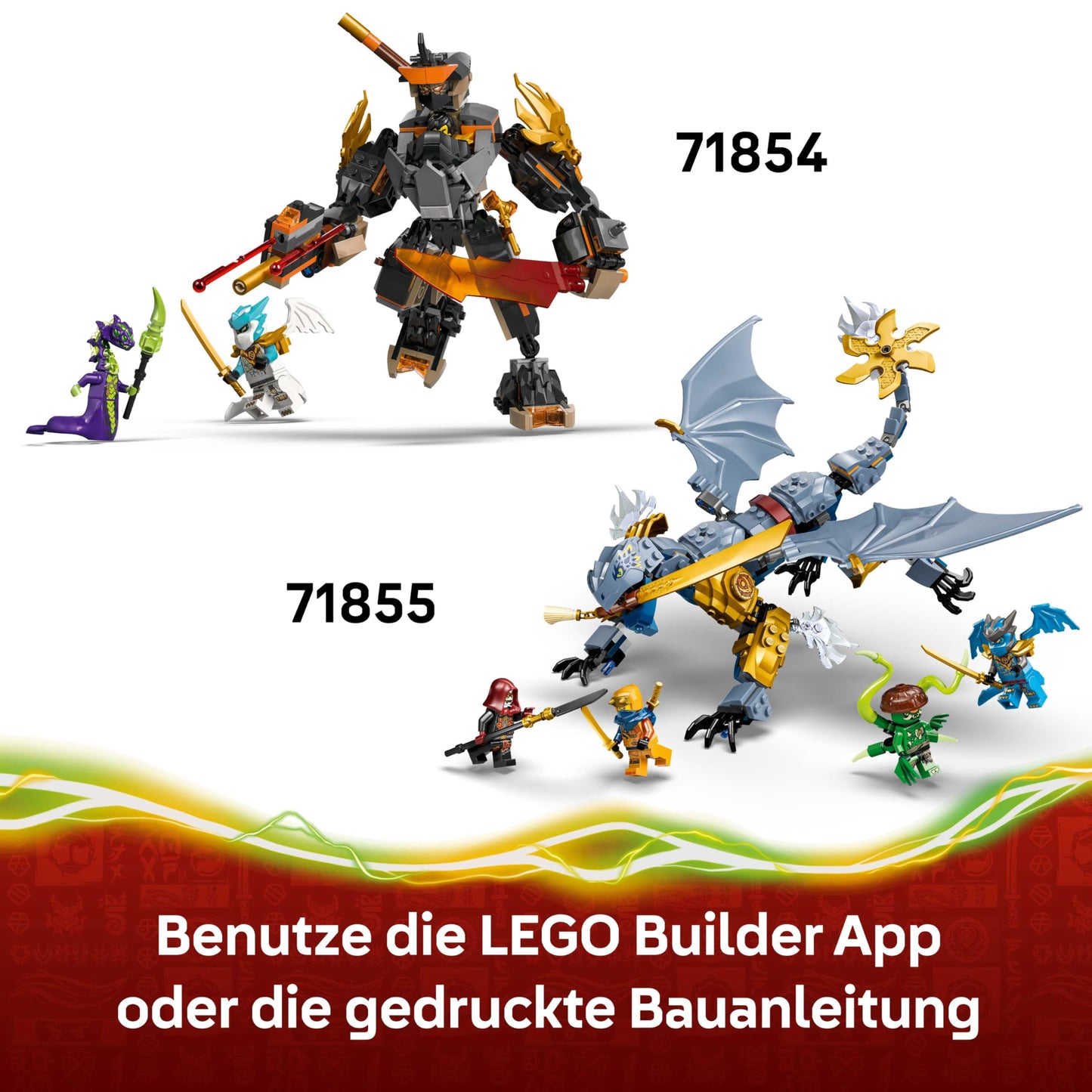 LEGO NINJAGO Coles Action Mech and Dragon Zane - Ninja toy for boys and girls - Model building with action figure, 3 minifigures and swords - Gift for children aged 7 and up - 71854